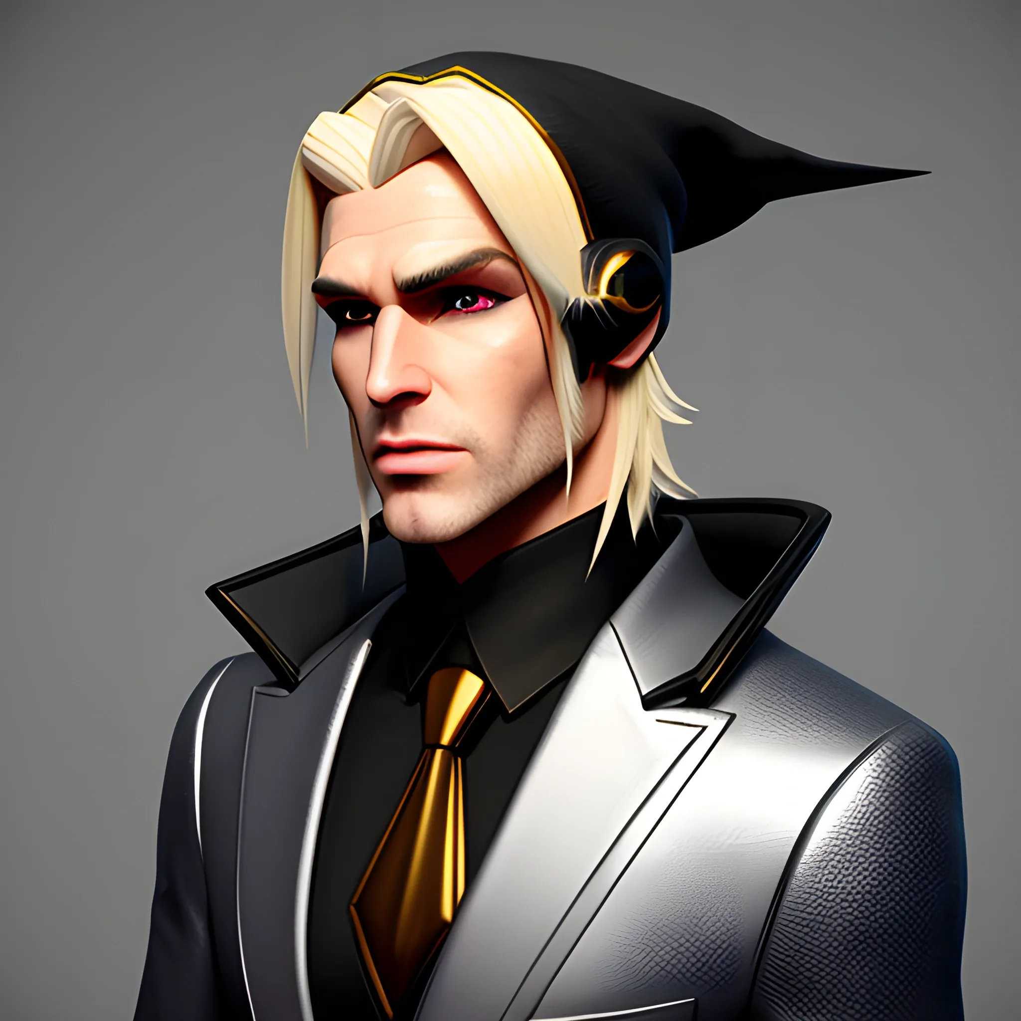 , 3D, Fantasy, cyberpunk, 18 year old, White, elf ears, boy, blonde hair, fancy suit, , casino, horns, black beanie