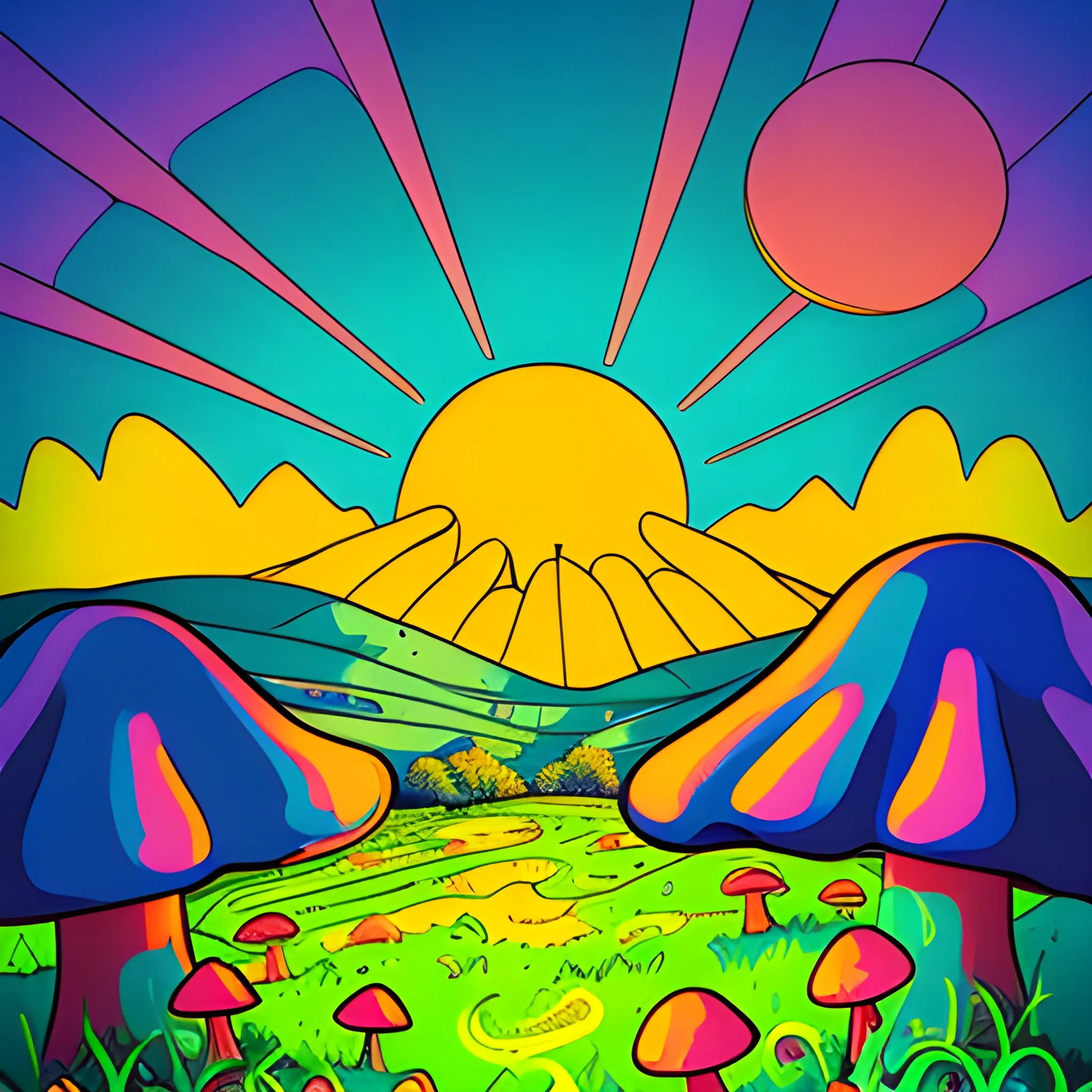 2d, Cartoon, psychedelic vibe, hills with mushrooms and the sun beaming over