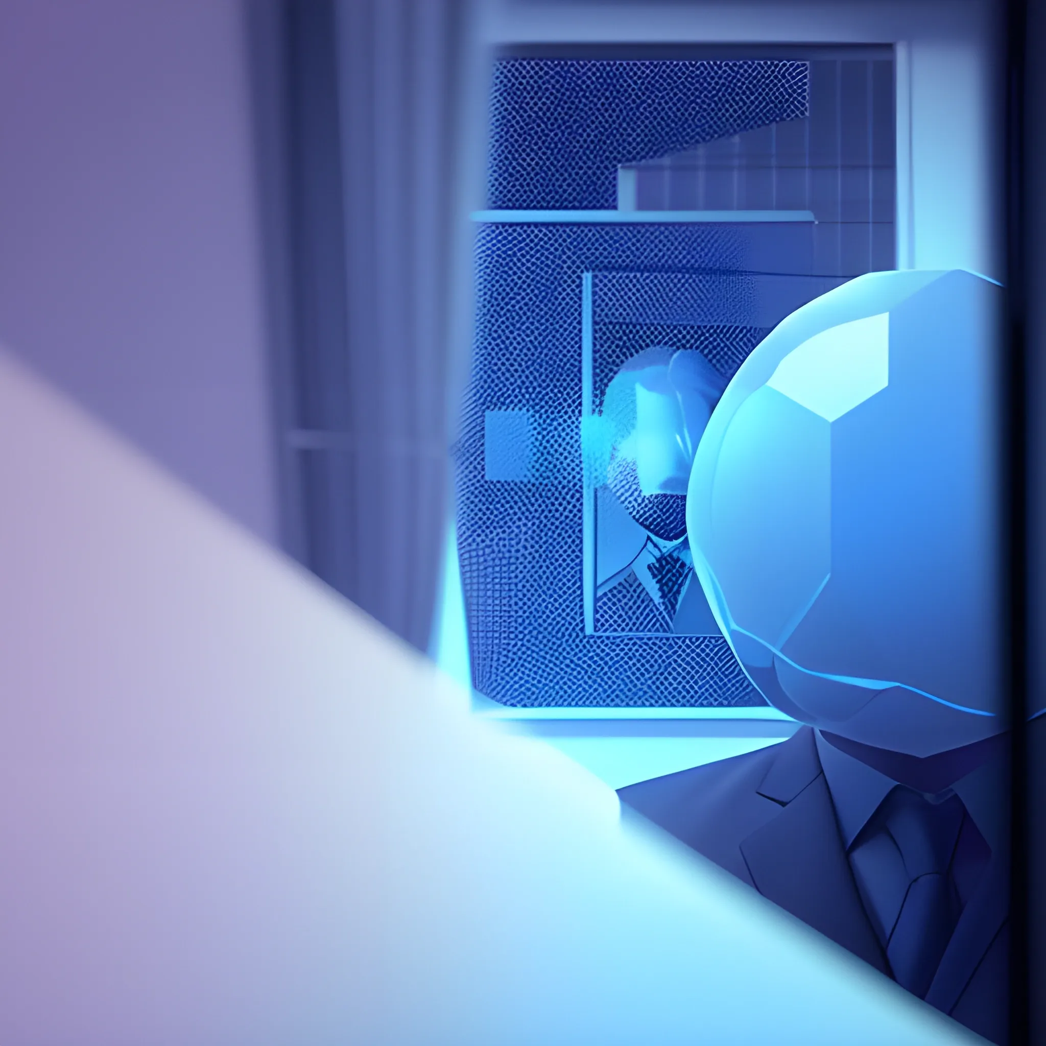 A man in a suit in a back closeup, looking out of a window at floating low polygon spheres, in a server environment, with blue monitor lighting