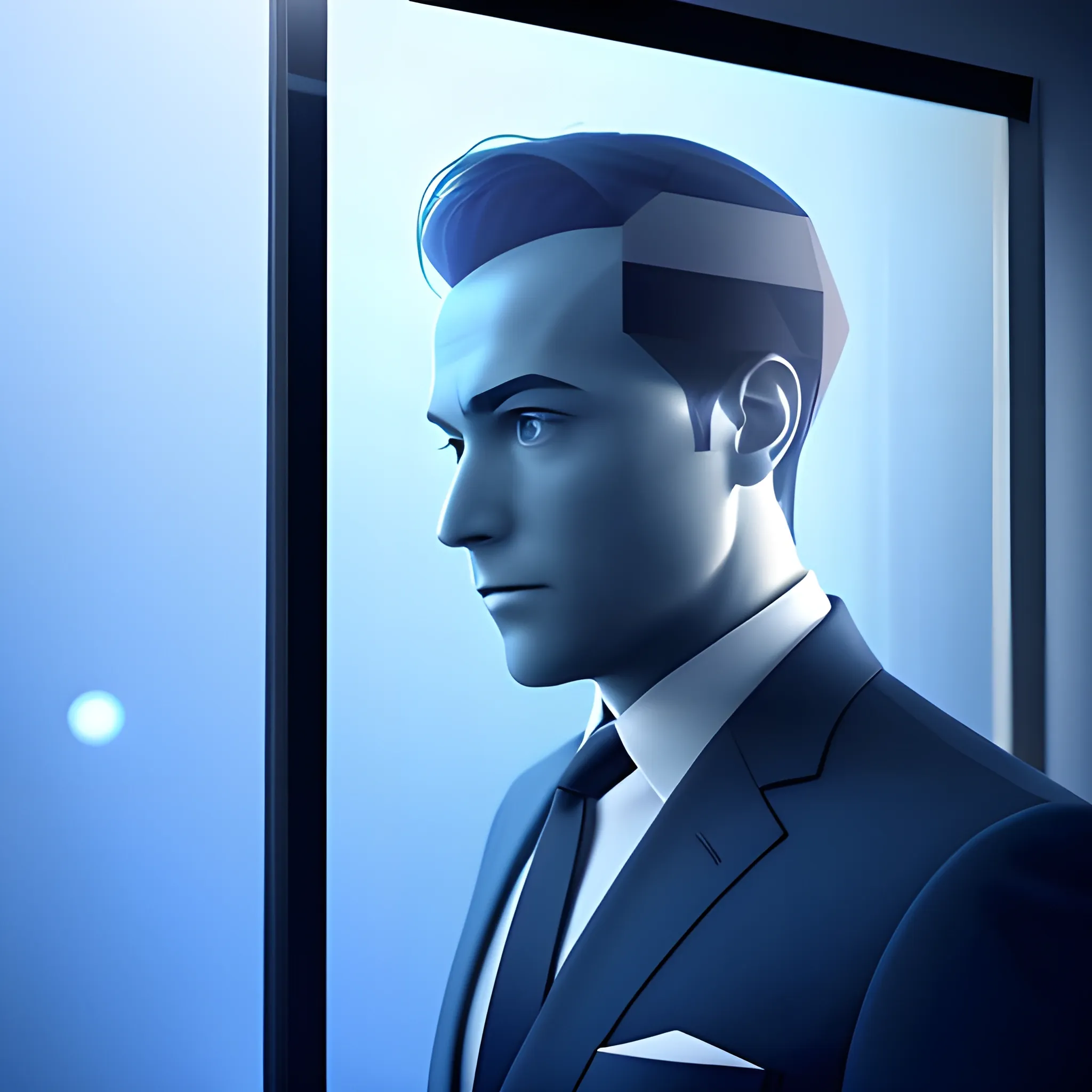 A man in a suit in a back closeup, looking out of a window at floating low polygon spheres, in a server environment, with blue monitor lighting