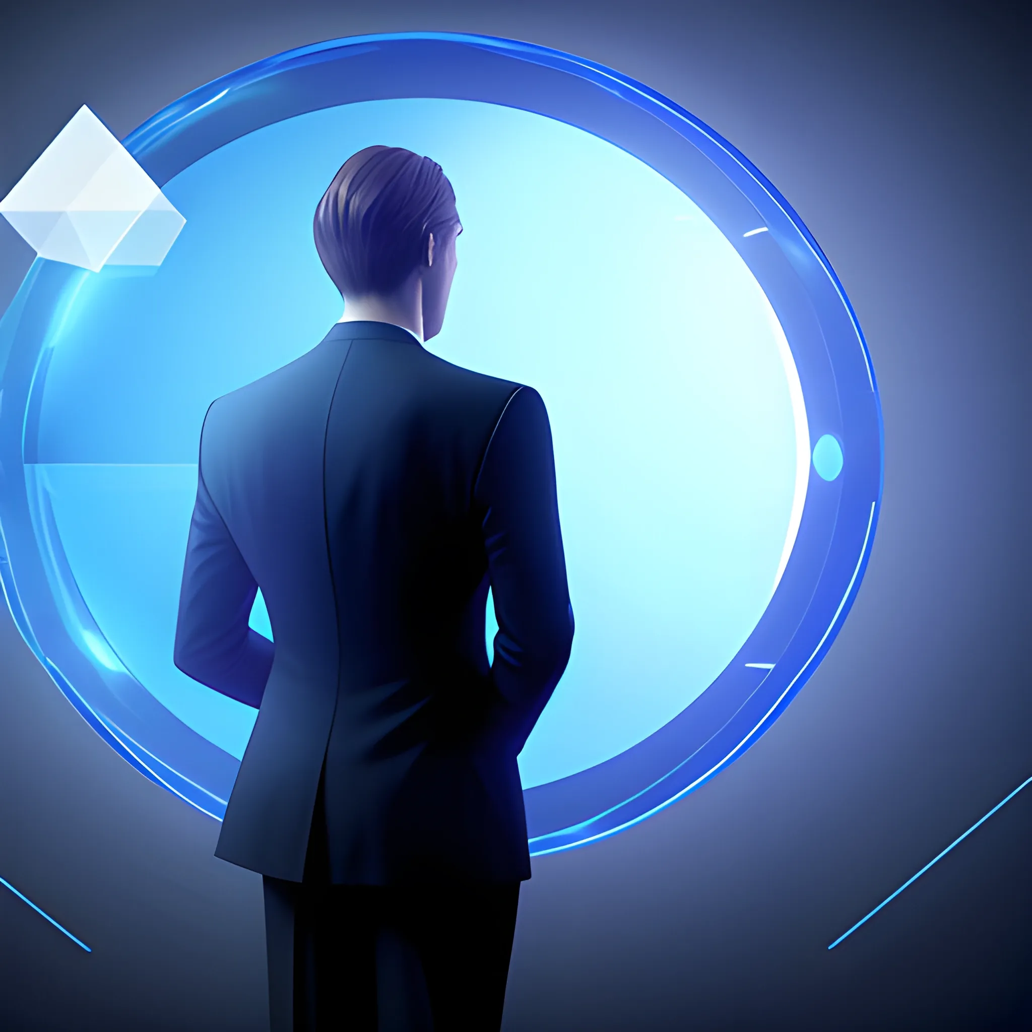 A man in a suit in a back closeup, looking out of a window at floating low polygon five spheres, in a server environment, with blue monitor lighting