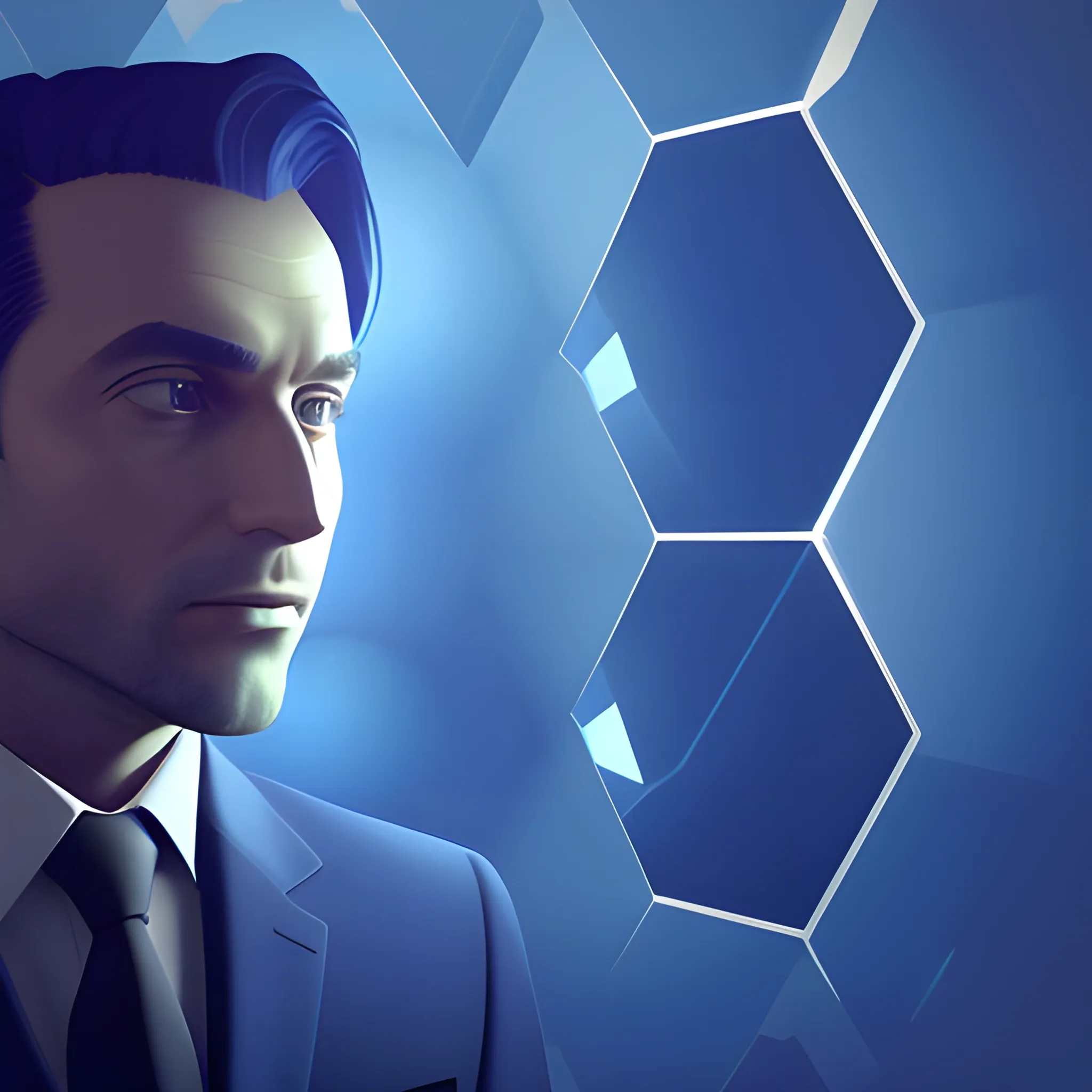 A man in a suit in a back closeup, looking out of a window at floating low polygon five spheres, in a server environment, with blue monitor lighting