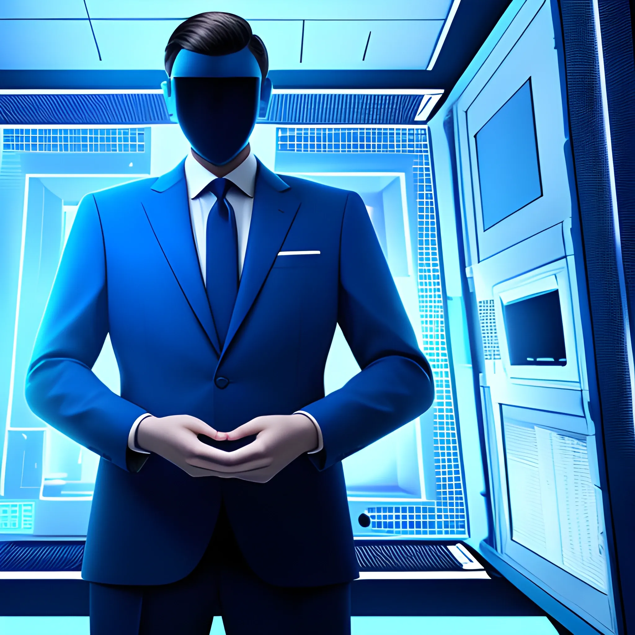 A suited man full body in back closeup, looking out of a window at floating low polygon spheres, in a server environment, with blue monitor lighting