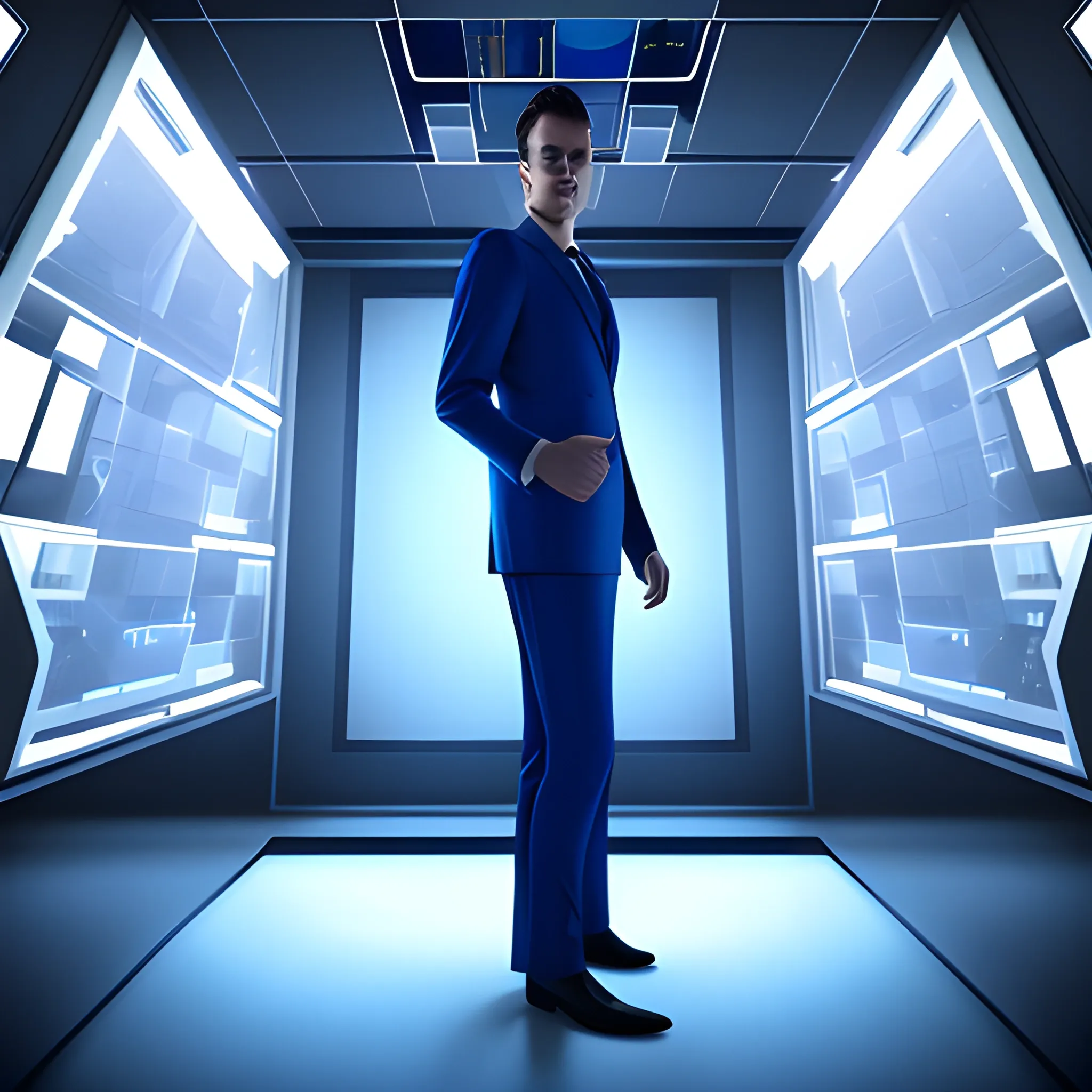 A suited man full body in back closeup, looking out of a window at floating low polygon spheres, in a server environment, with blue monitor lighting