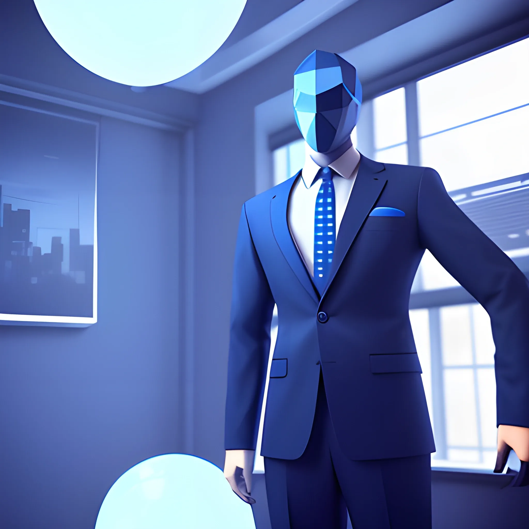 A suited man full body in back closeup, looking out of a window at floating low poly spheres, in a server environment, with blue monitor lighting