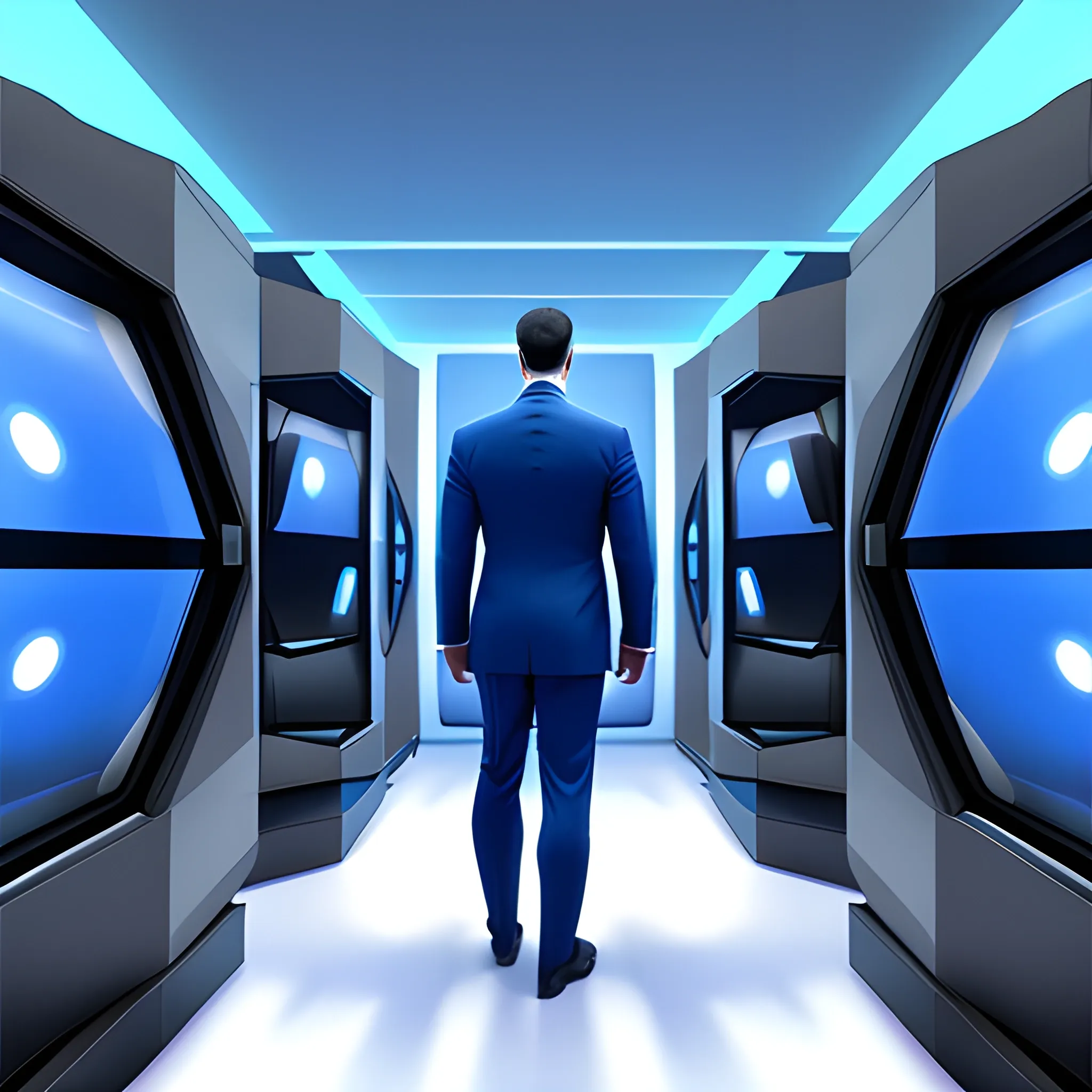 A suited man full body from back, looking out of a window at floating low polygon spheres, in a server environment, with blue monitor lighting