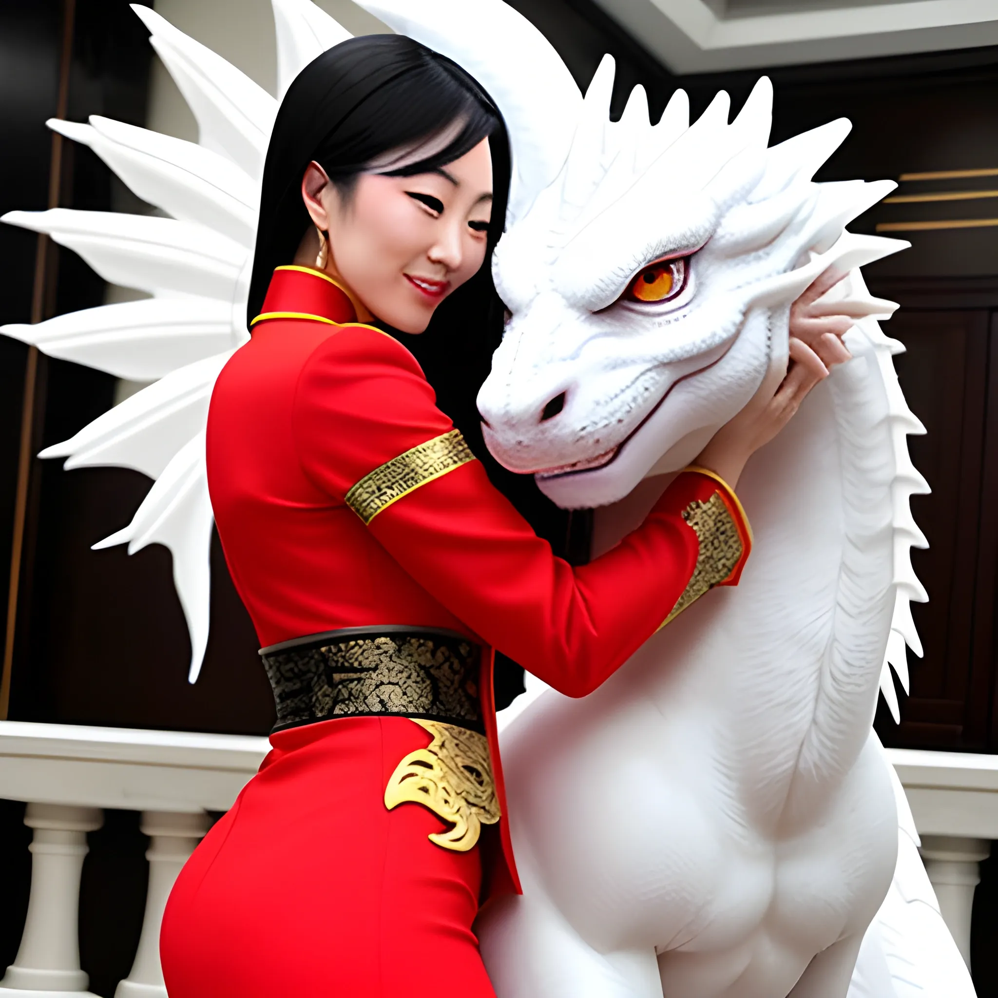 Chinese beauty hugs a cute little white dragon