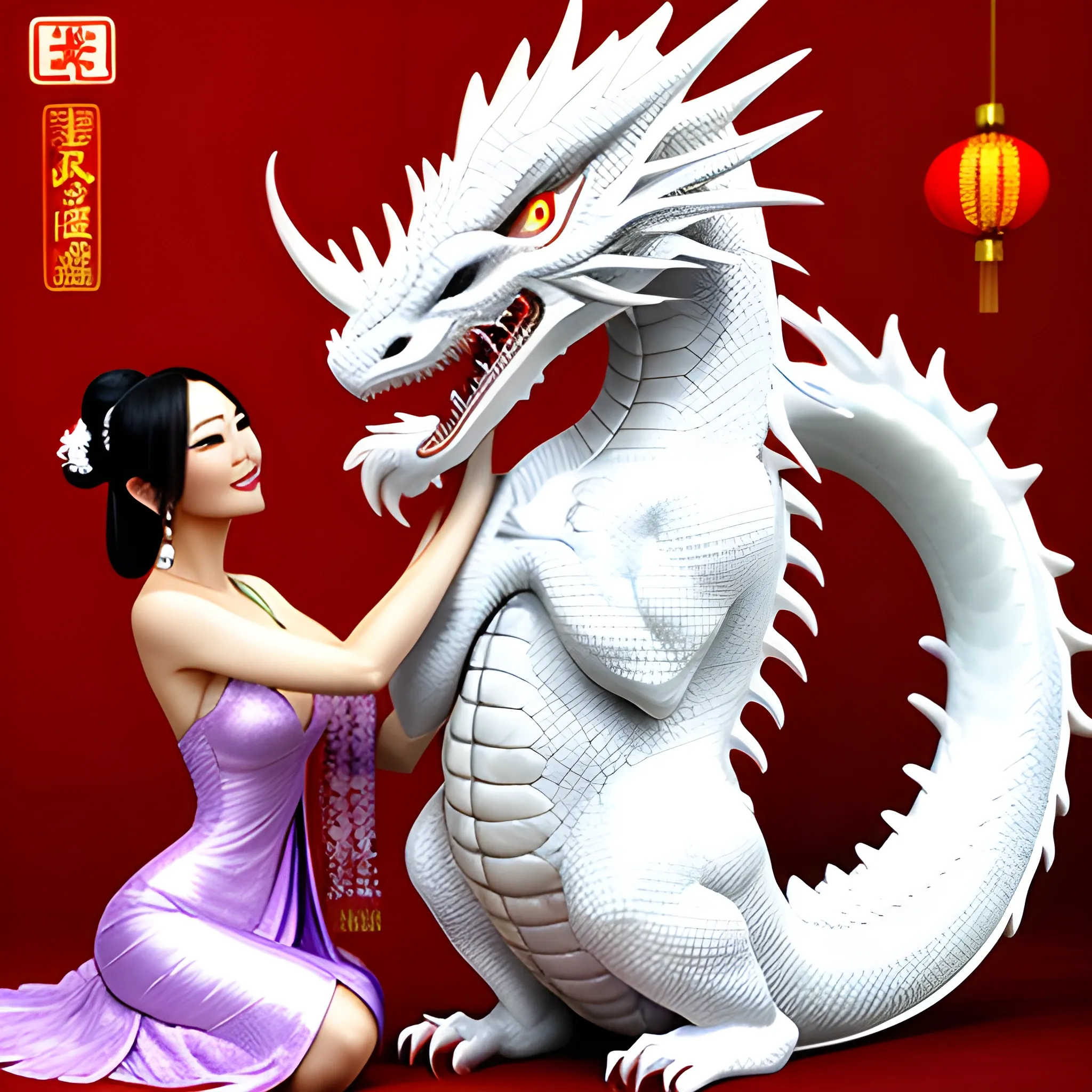 Chinese beauty hugs a cute little white dragon