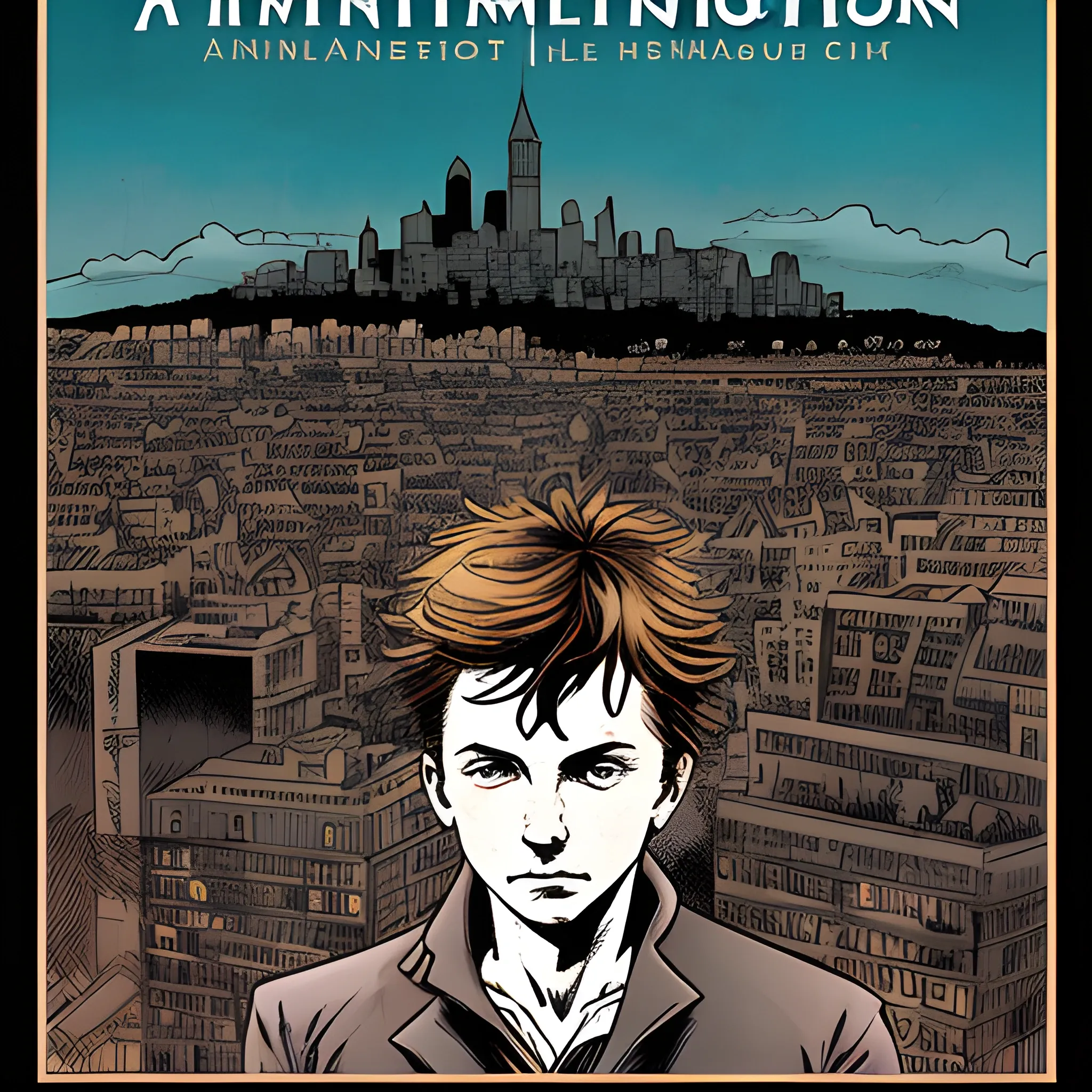 A cover for the book illuminations of Arthur Rimbaud with  a city behind comic