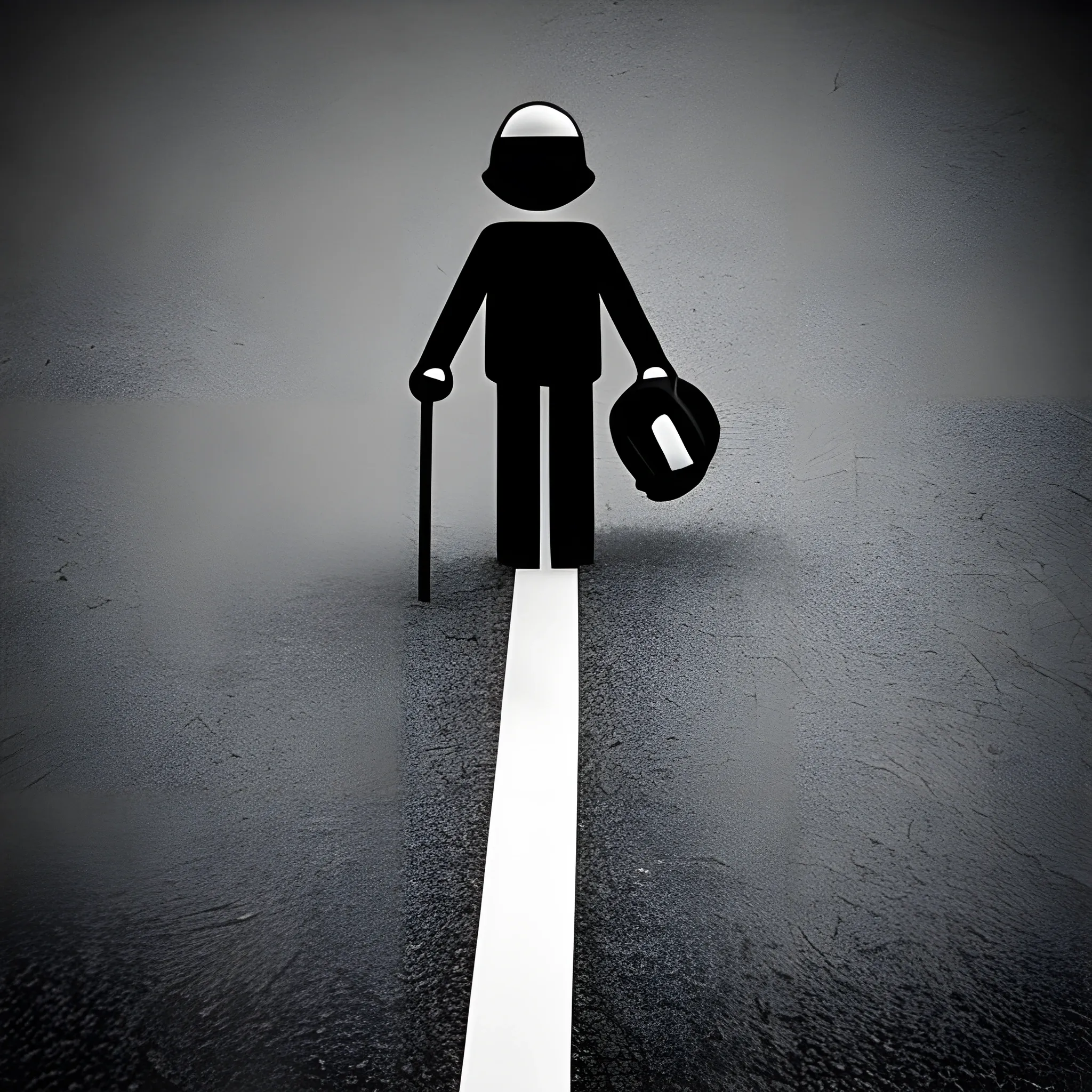 stick man with hardhat on walking along a line, black and white, simple/basic