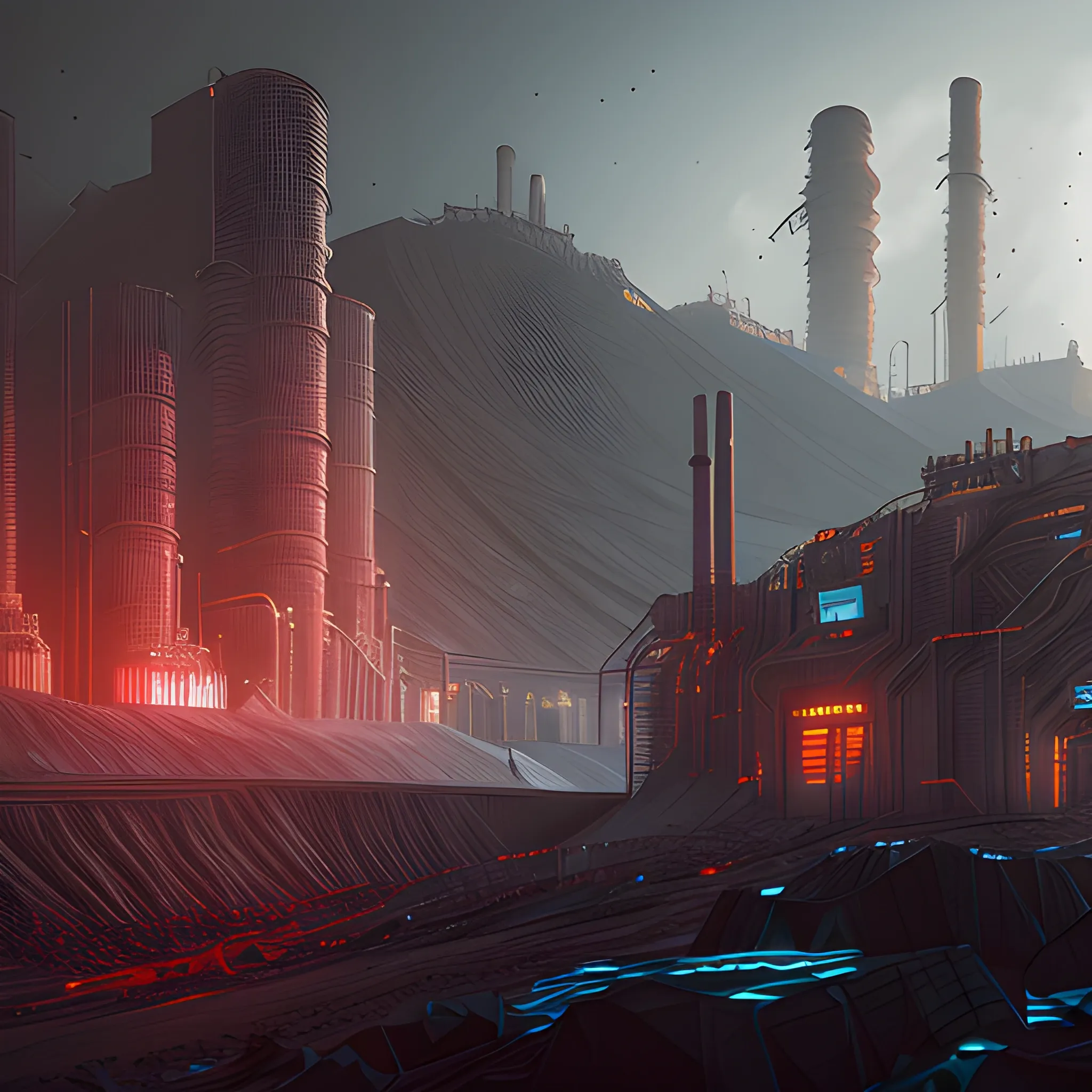 3d ,sketch, futuristic world, cyberpunk, coal mining operation