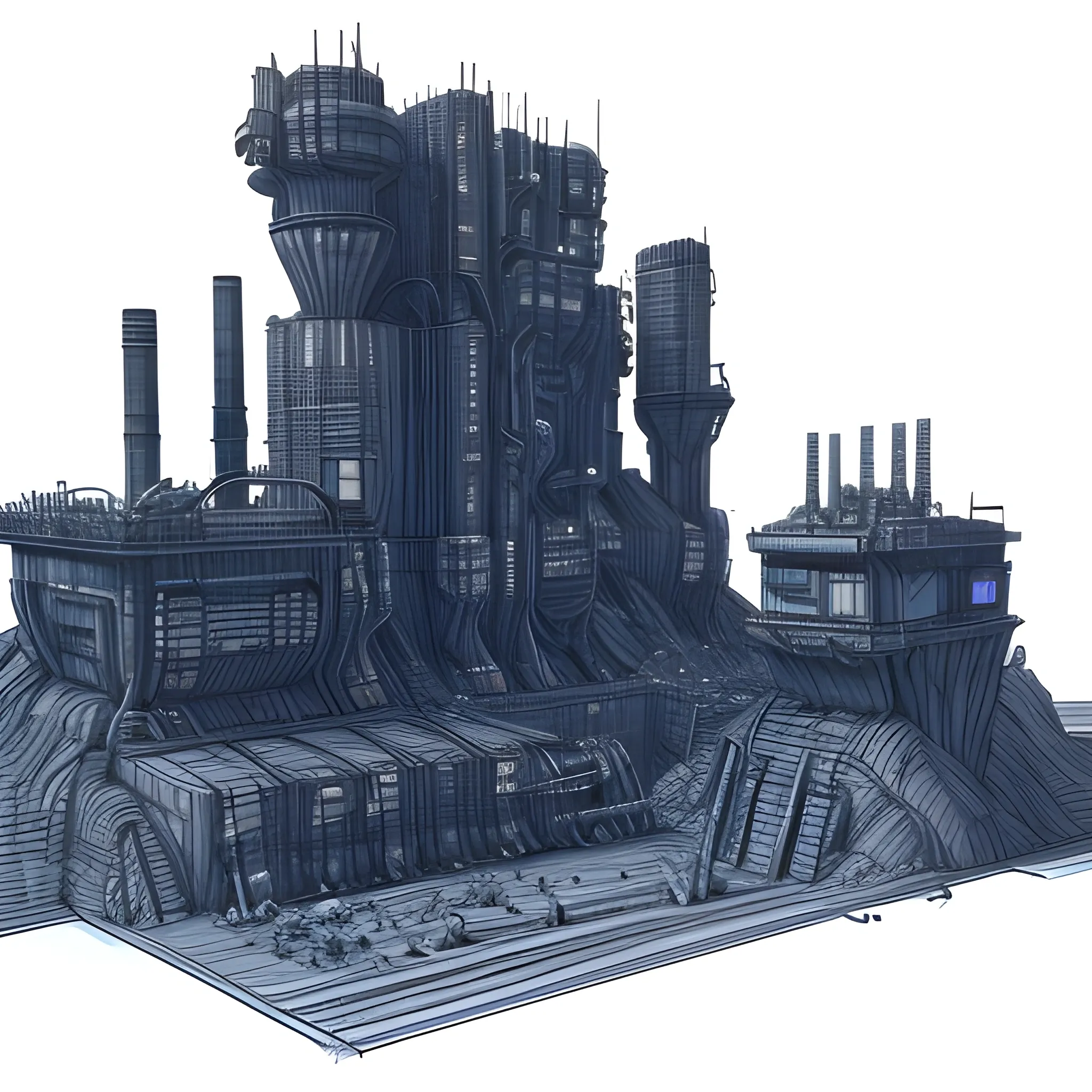 3d ,no fill sketch with pen, futuristic world, cyberpunk, coal mining operation