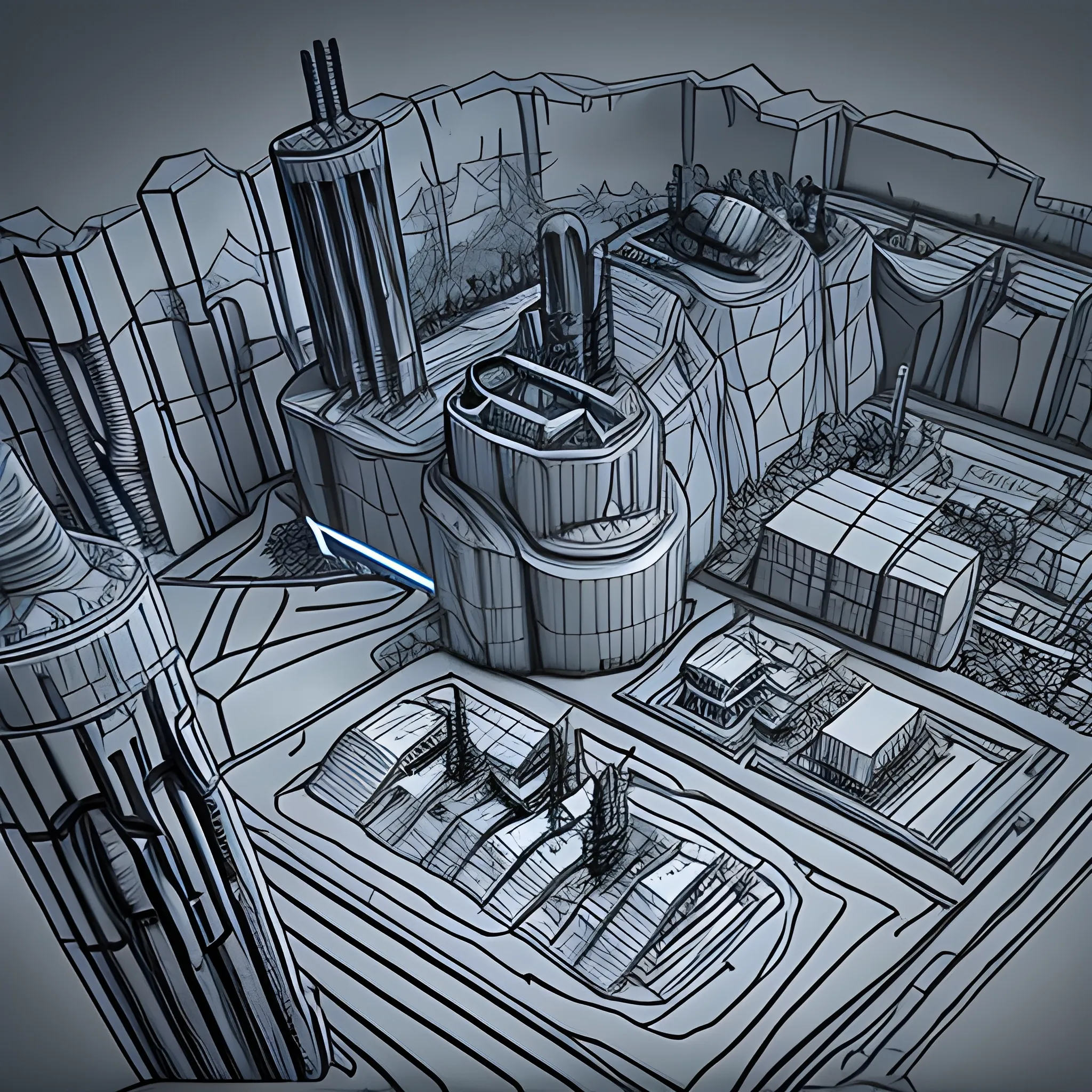 3d ,no fill sketch with pen, futuristic world, cyberpunk, coal mining operation, outline