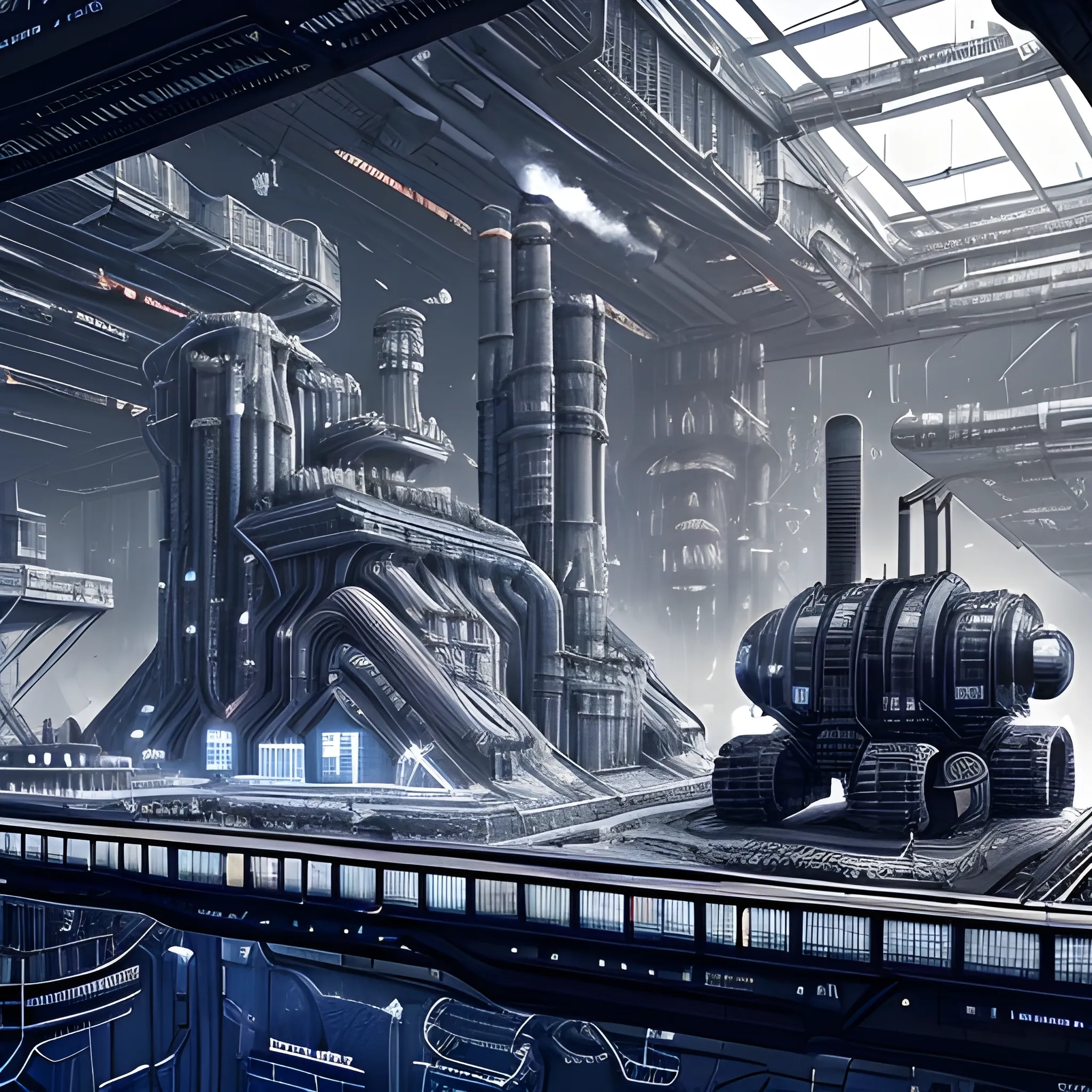 3d  futuristic world, cyberpunk, coal mining operation, coal miners, in out of space, intricately detailed blueprint, code, coal, heavy machinery, black and white