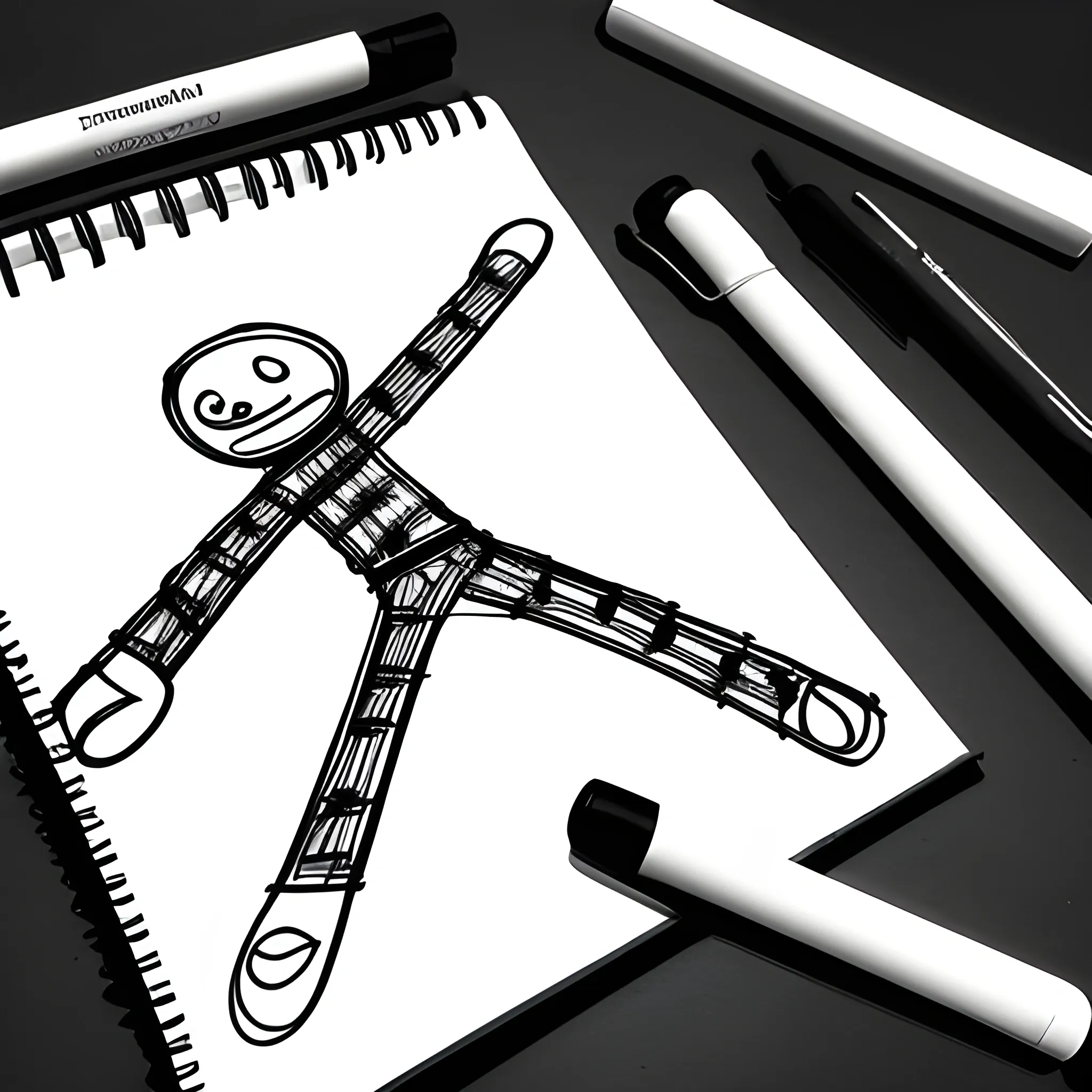 stickmen style drawing with pen, training hub for everything, stickmen and minning equipment all around
