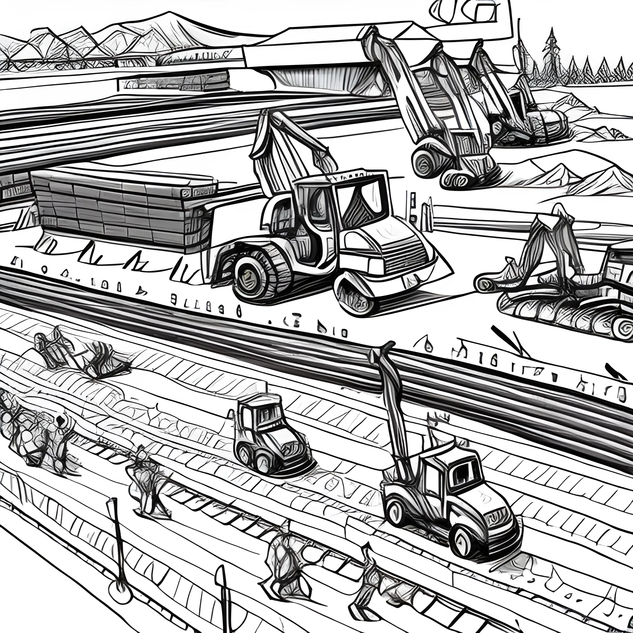 stickmen style drawing, long straight line, stickmen with hardhats, dozers, loaders, trucks, white back ground, black stick figures
