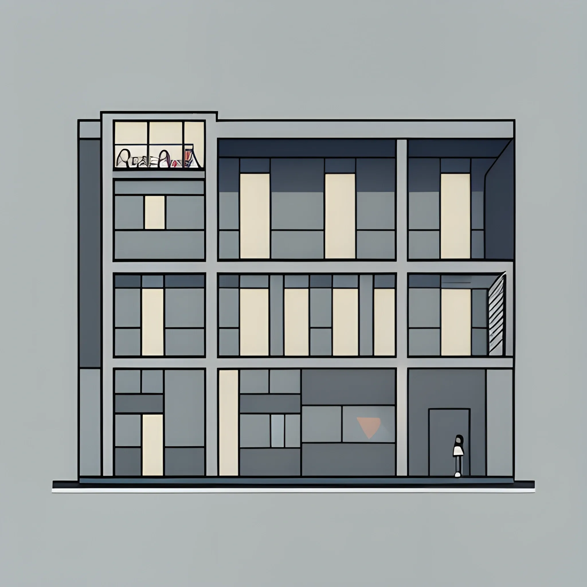 a minimalistic flat 2 dimensional illustration of a cross section of training building, view from the side, a storybook illustration by muti, minimalism, featured on dribble, unique architecture, behance hd, dynamic compositio, stick man style drawing 
