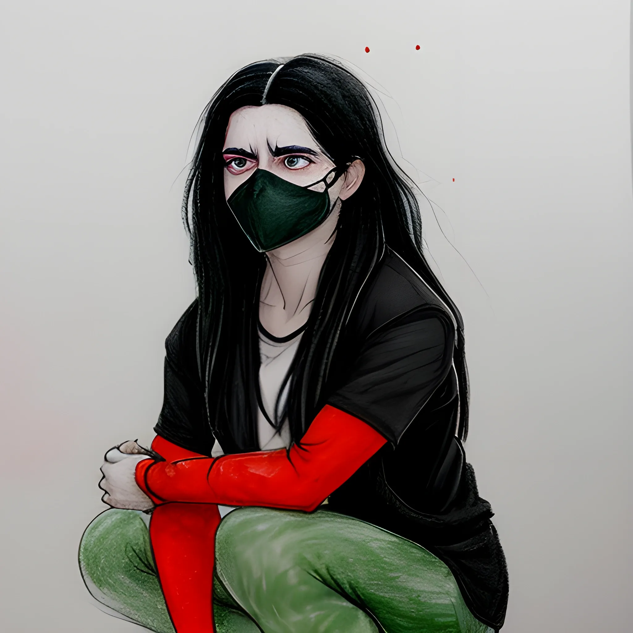 charcoal drawn with colour accents red black white green a woman is squatting, her face is covered with her hand; colour runs down her fingers, red, white, green black. she has long black hair, she wears a white shirt and a black jacket. there is debris around her. 
, Pencil Sketch, Water Color