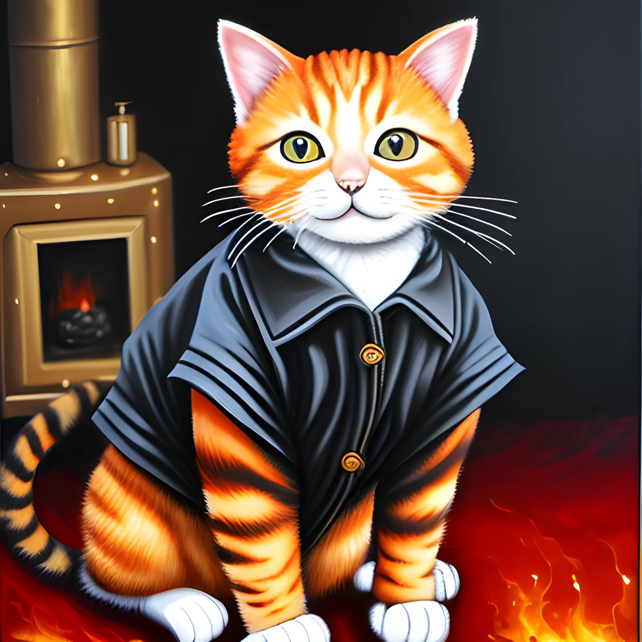 an humanoid cat whit a coat, an explotion in the background, the cat has a cat, Oil Painting, 