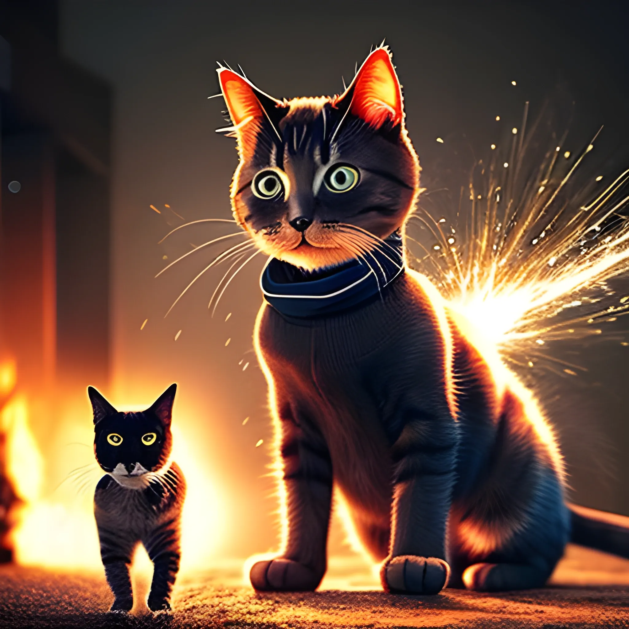 an humanoid cat whit a coat, an explotion in the background, the cat has a cat, realisitc, cinematografic  