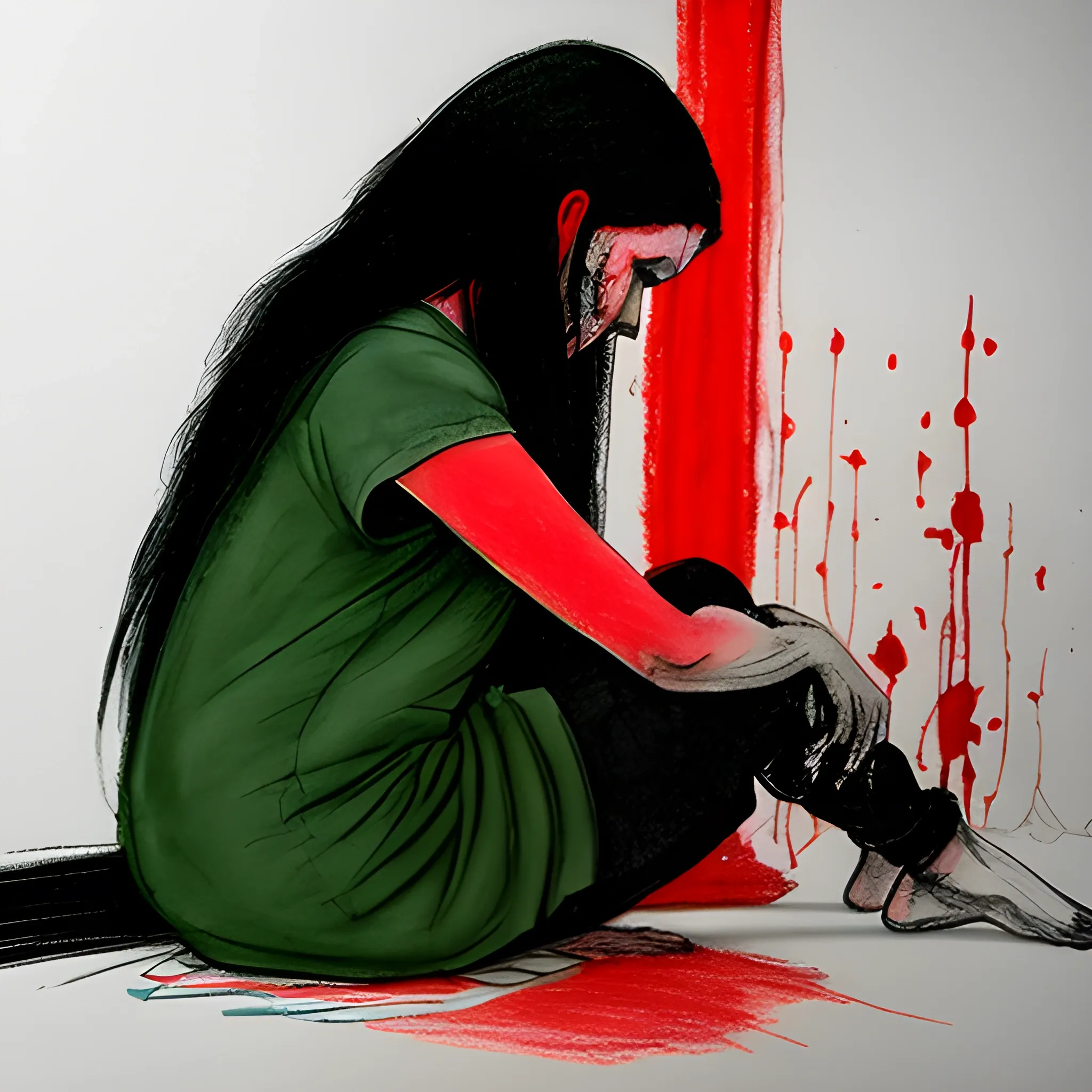 charcoal drawing with colour accents red black white green a woman sits praying on the floor, her face is dirty; colour runs down her fingers, red, white, green black. she has long black hair, she wears a white shirt and a black jacket. there is debris around her. , Water Color, Pencil Sketch