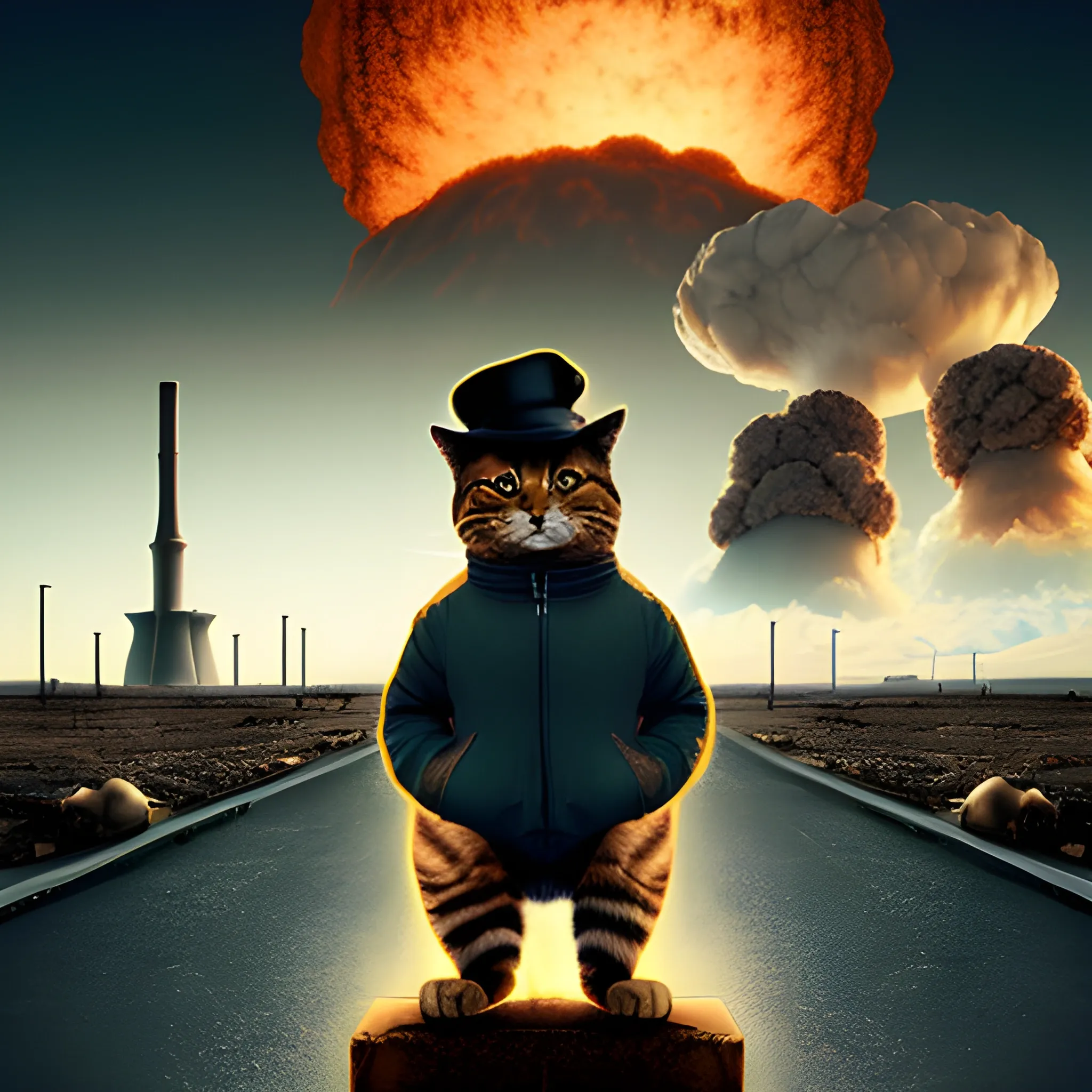 an humanoid cat whit a coat, a nuclear explotion in the background, the cat has a hat, realisitc, cinematografic  