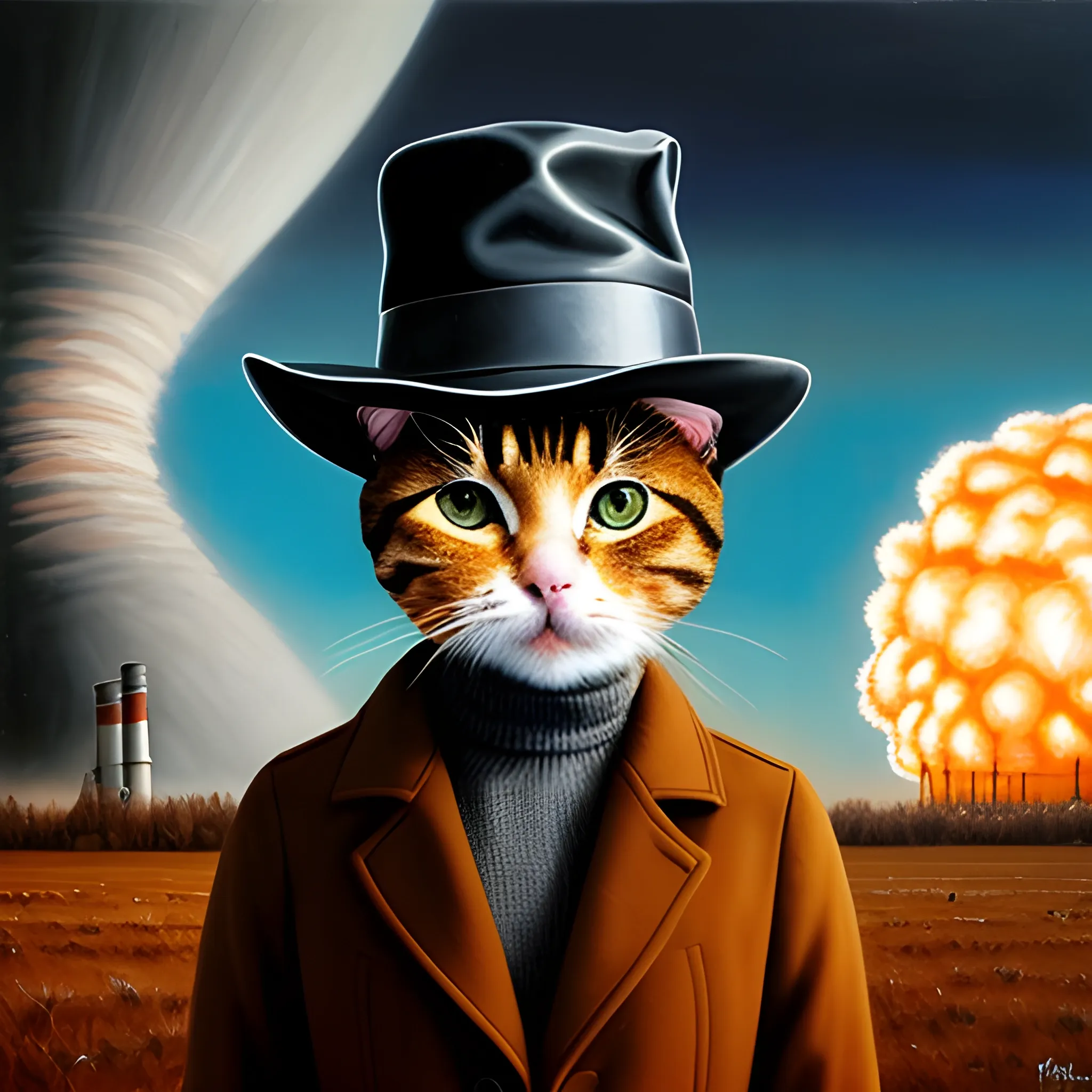 an humanoid cat whit a coat, a nuclear explotion in the background, the cat has a hat, realisitc, cinematografic  , Oil Painting