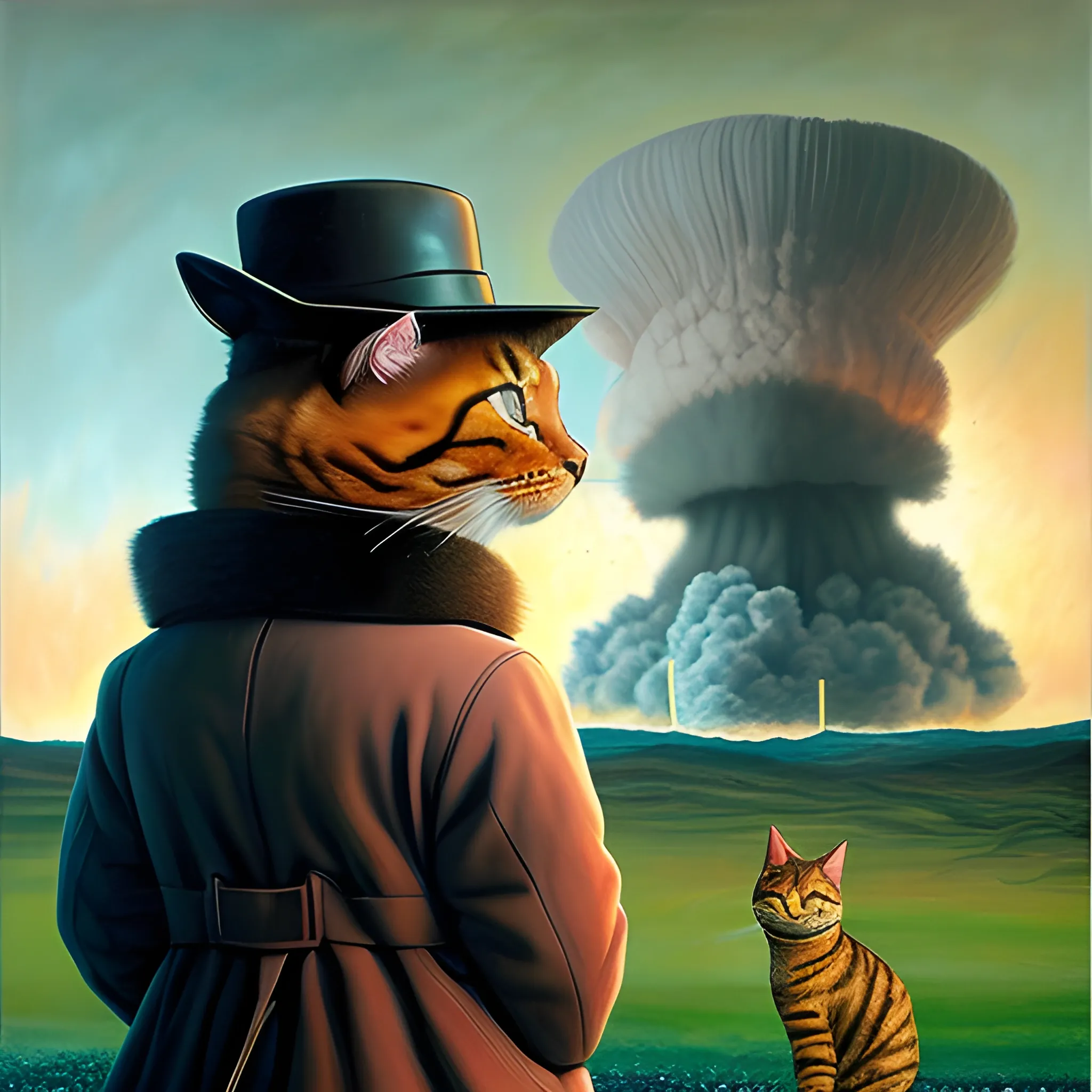 an humanoid cat whit a coat, a nuclear explotion in the background, the cat has a hat, realisitc, cinematografic  , Oil Painting