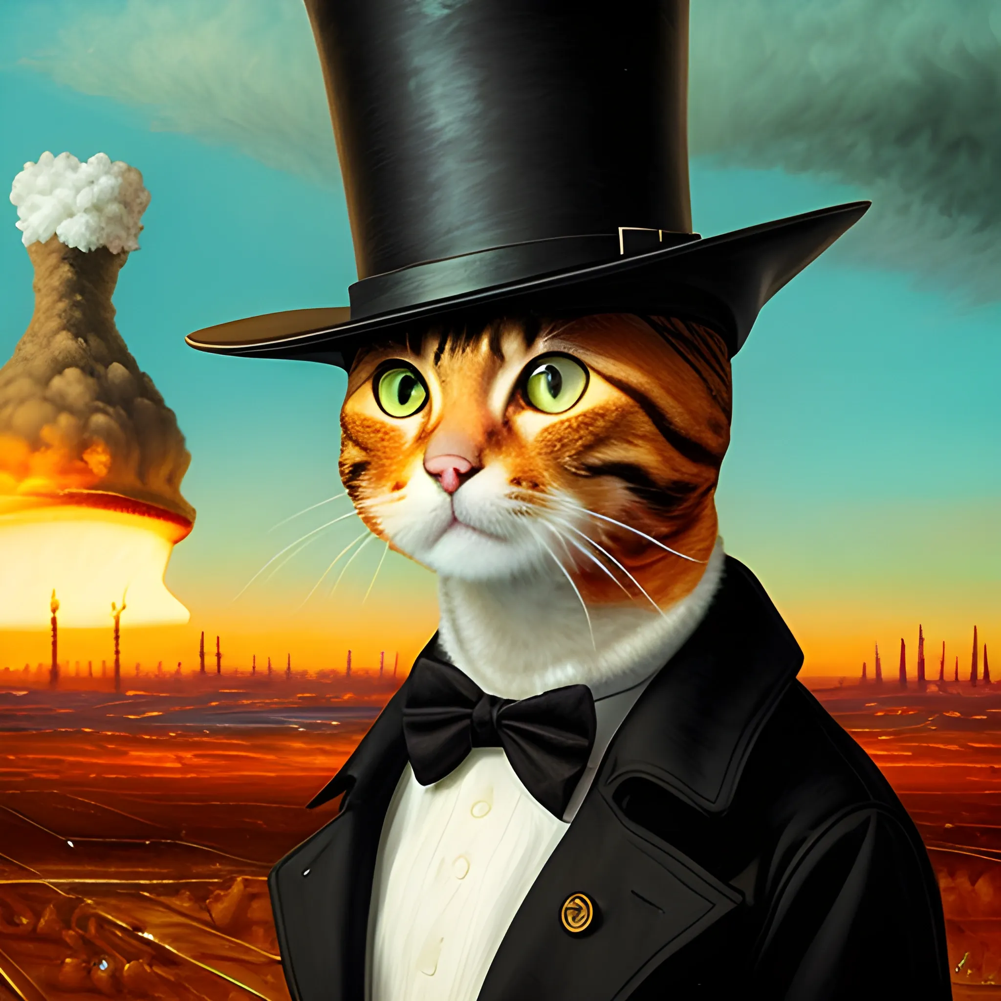 an humanoid cat whit a coat, a nuclear explotion in the background, the cat has a hat, realisitc, cinematografic  , Oil Painting