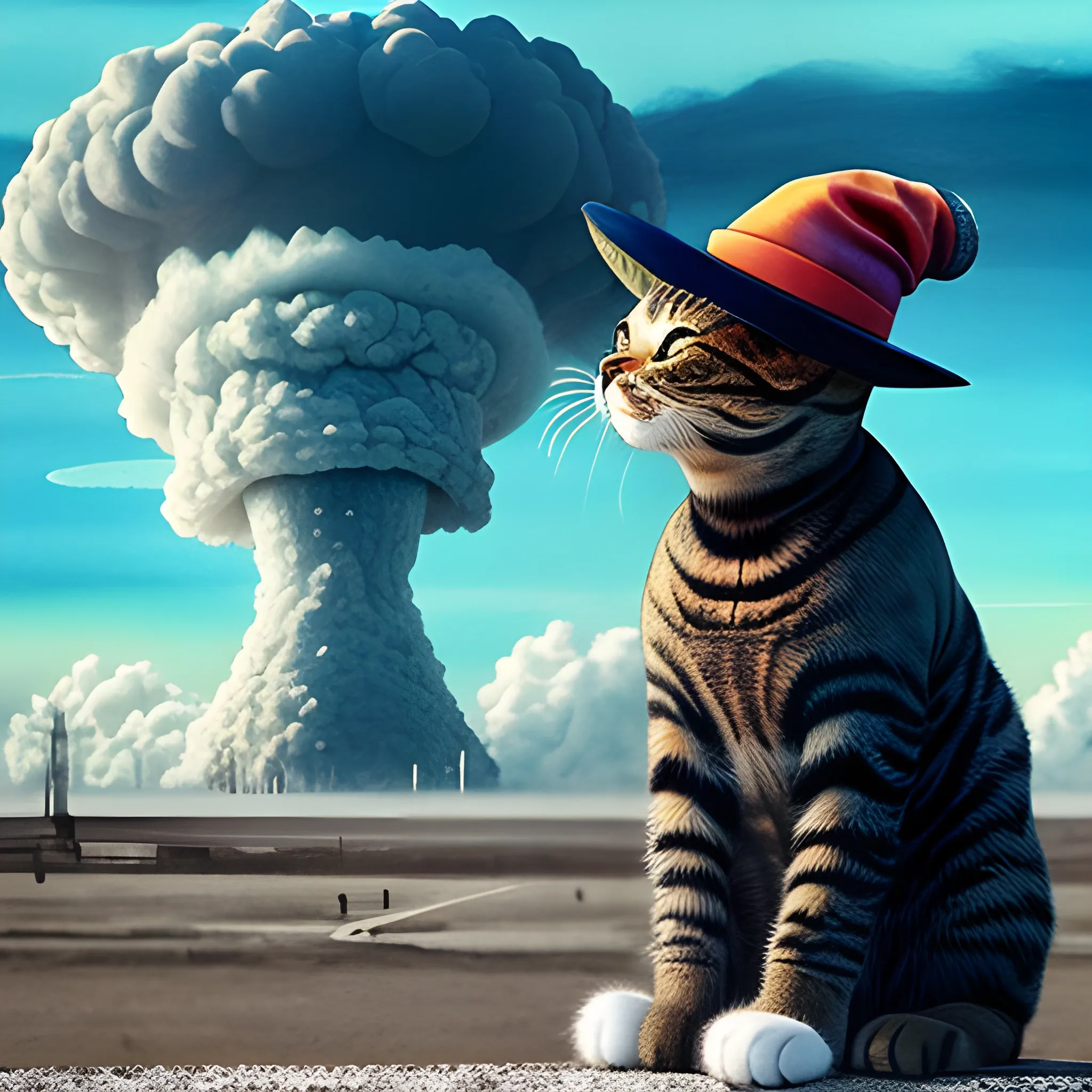 an humanoid cat whit a coat, a nuclear explotion in the background, the cat has a hat, realisitc, cinematografic  , Water Color