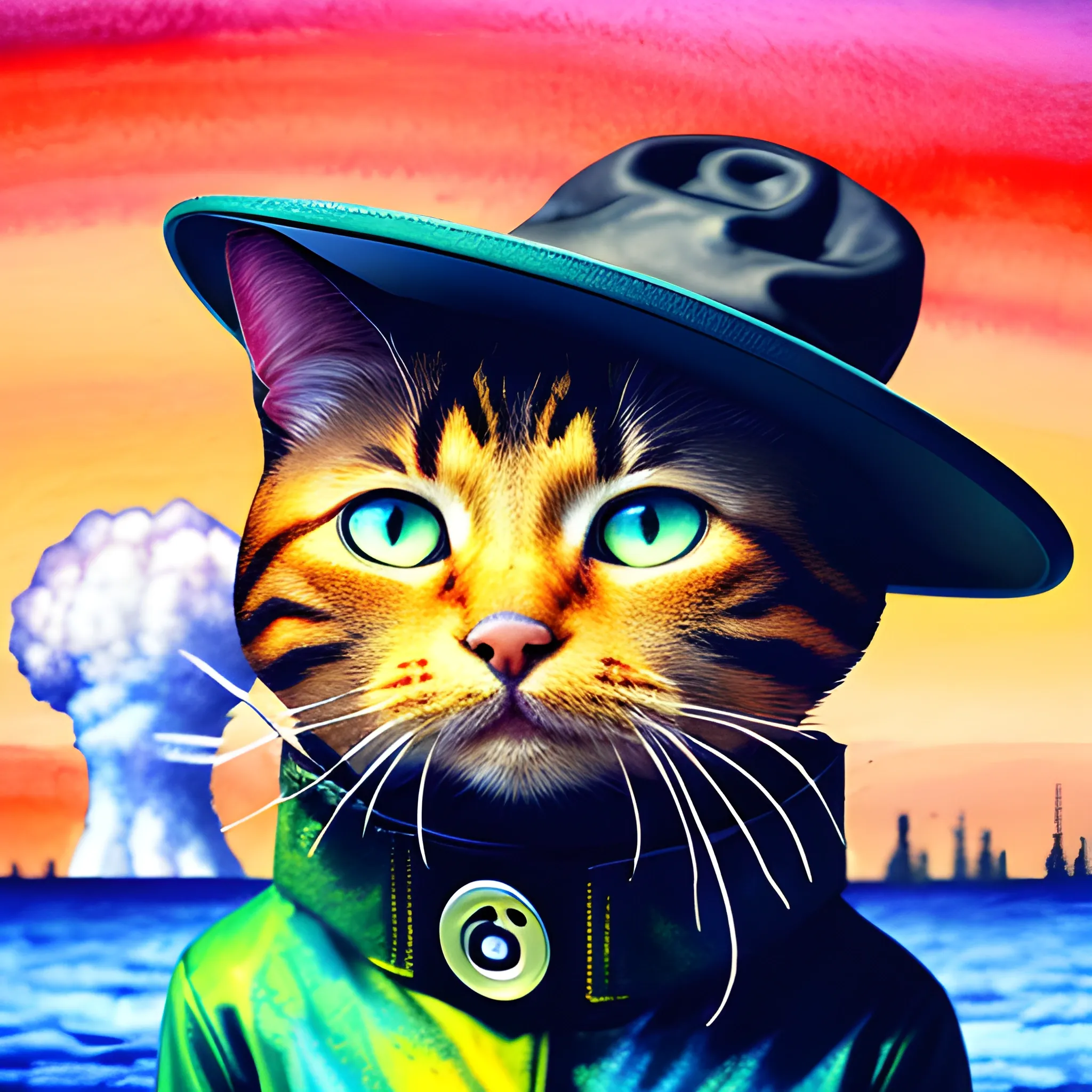 an humanoid cat whit a coat, a nuclear explotion in the background, the cat has a hat, realisitc, cinematografic  , Water Color