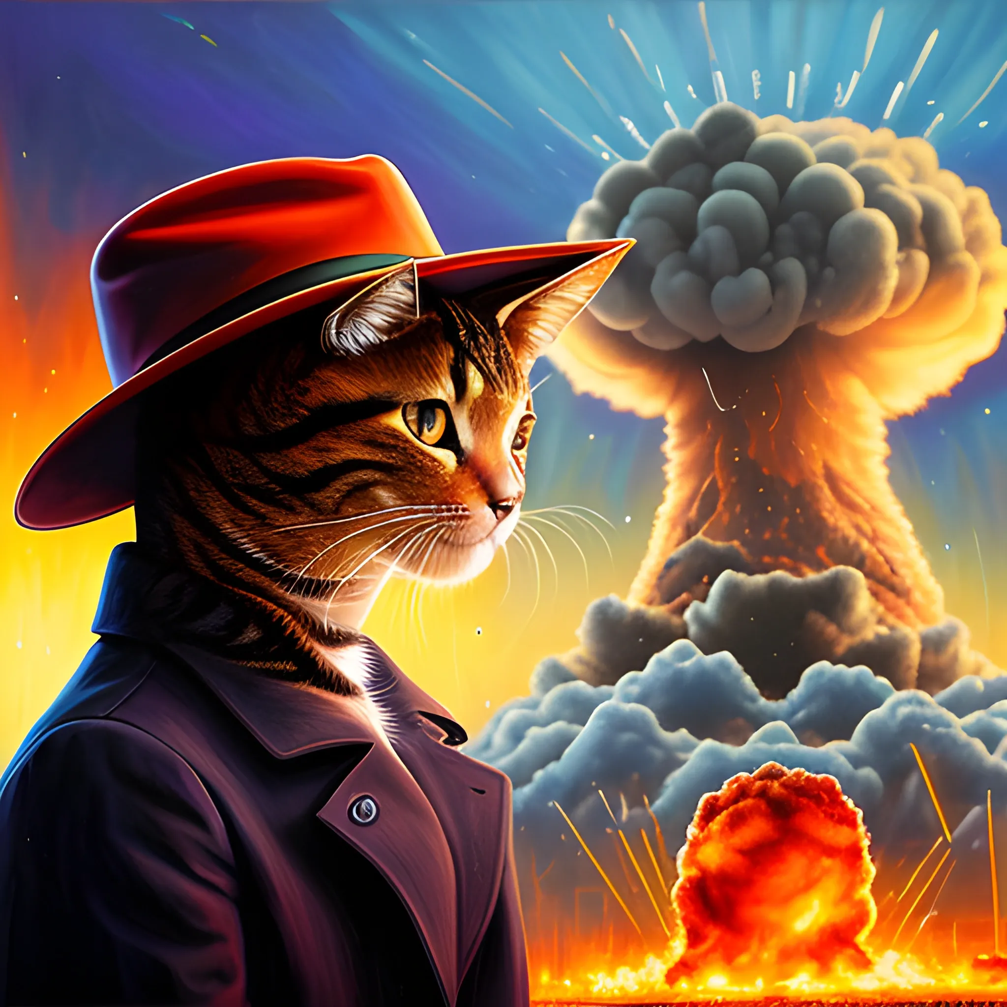 an humanoid cat whit a coat, a nuclear explotion in the background, the cat has a hat, realisitc, cinematografic ,Oil Painting, epic paint