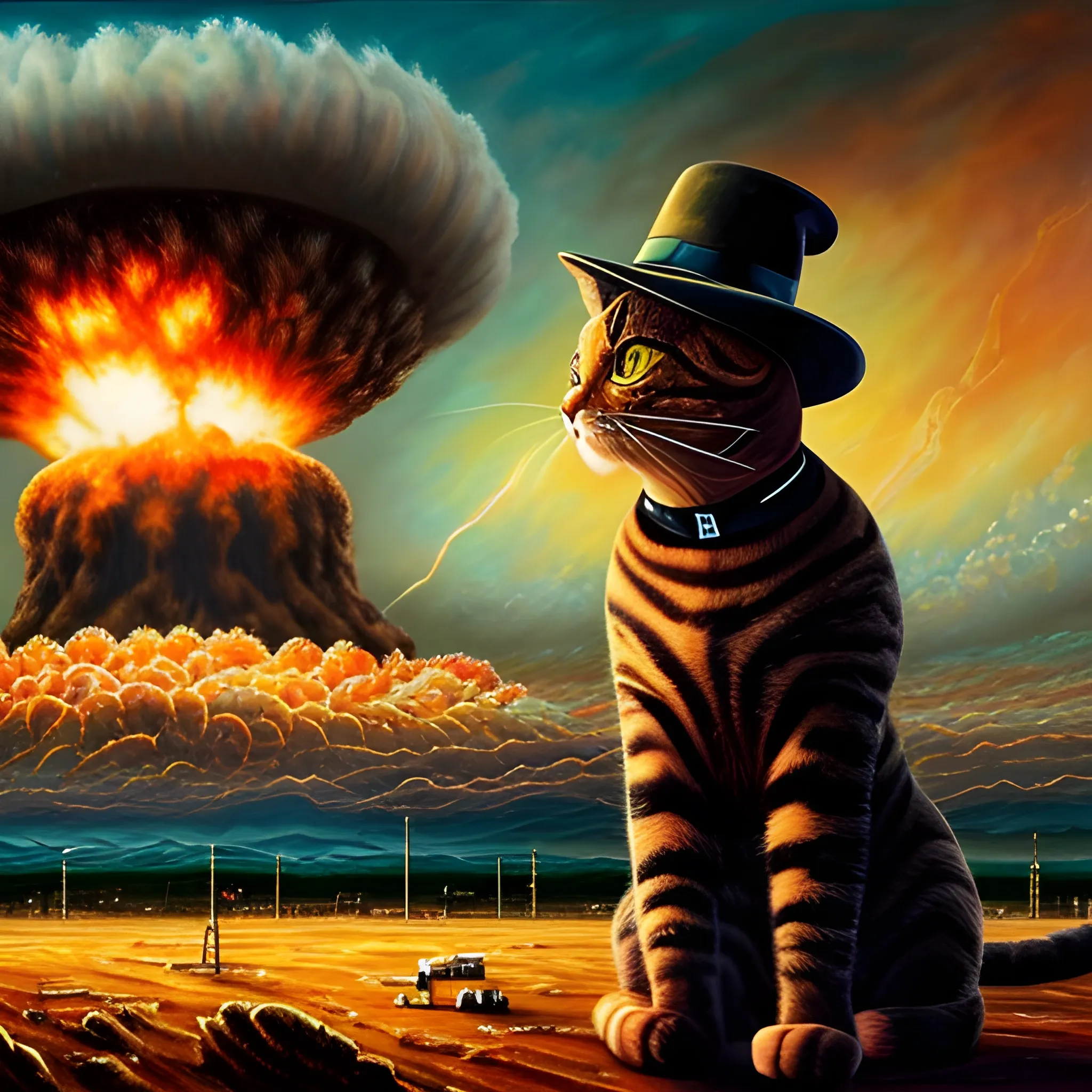 an humanoid cat whit a coat, a nuclear explotion in the background, the cat has a hat, realisitc, cinematografic ,Oil Painting, epic paint