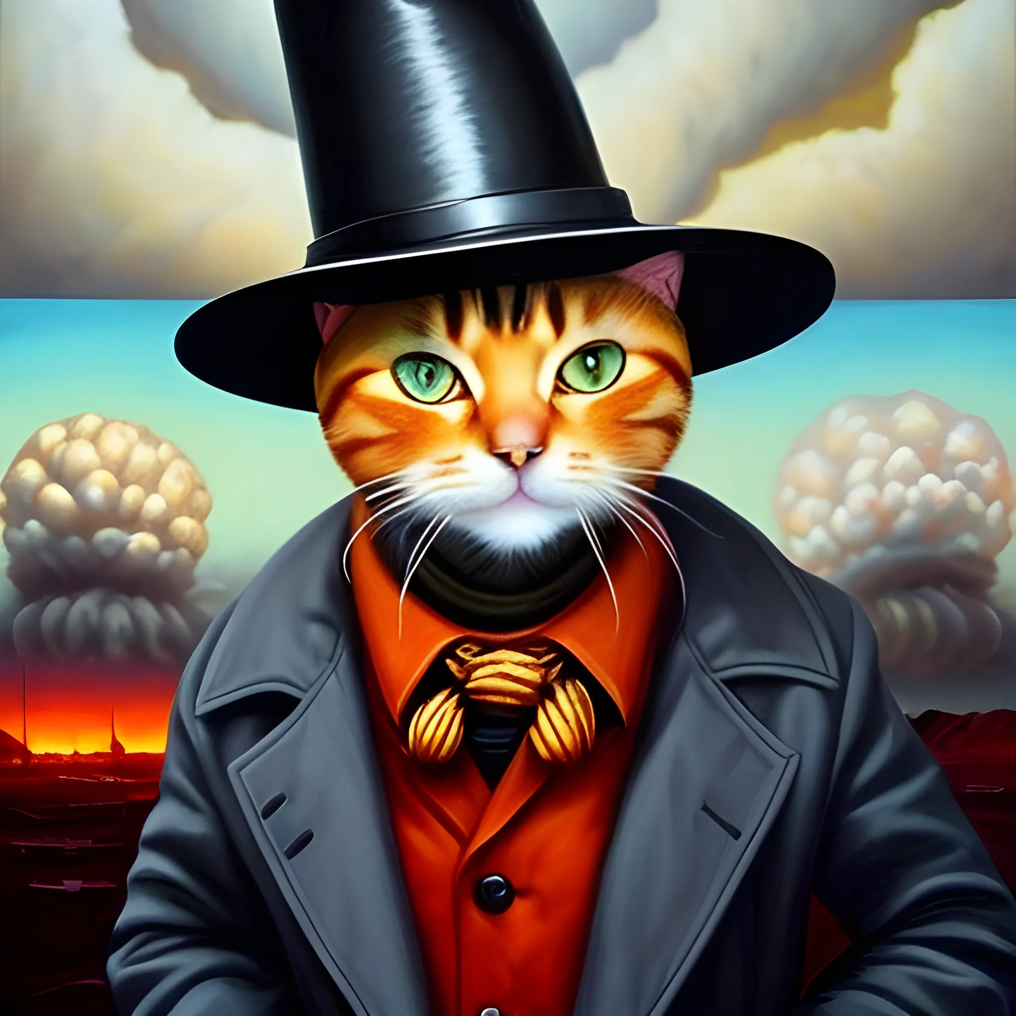 an humanoid cat whit a coat, a nuclear explotion in the background, the cat has a hat, realisitc, cinematografic ,Oil Painting, epic paint