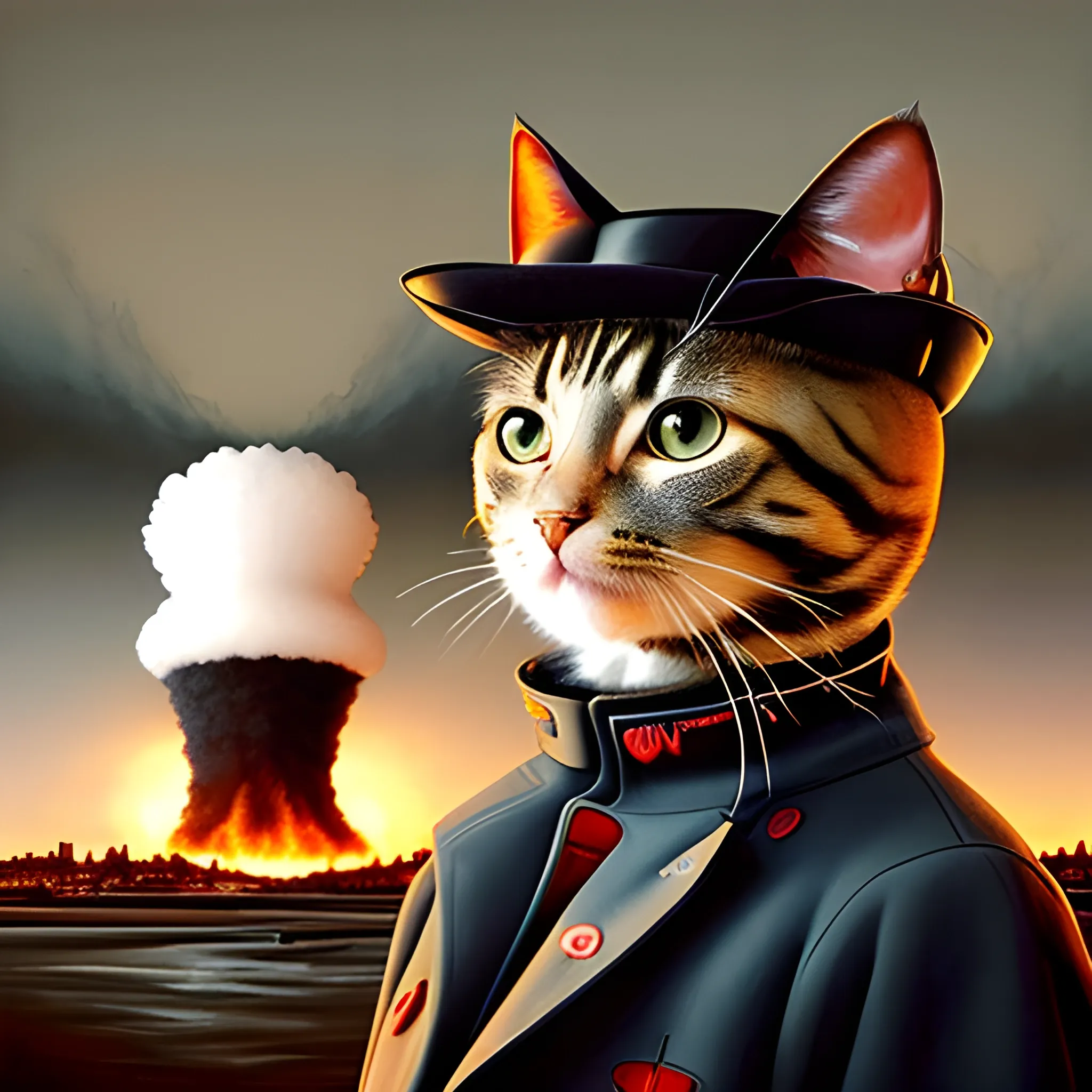 an humanoid cat whit a coat, a nuclear explotion in the background, the cat has a hat, realistic, cinematografic ,Oil Painting