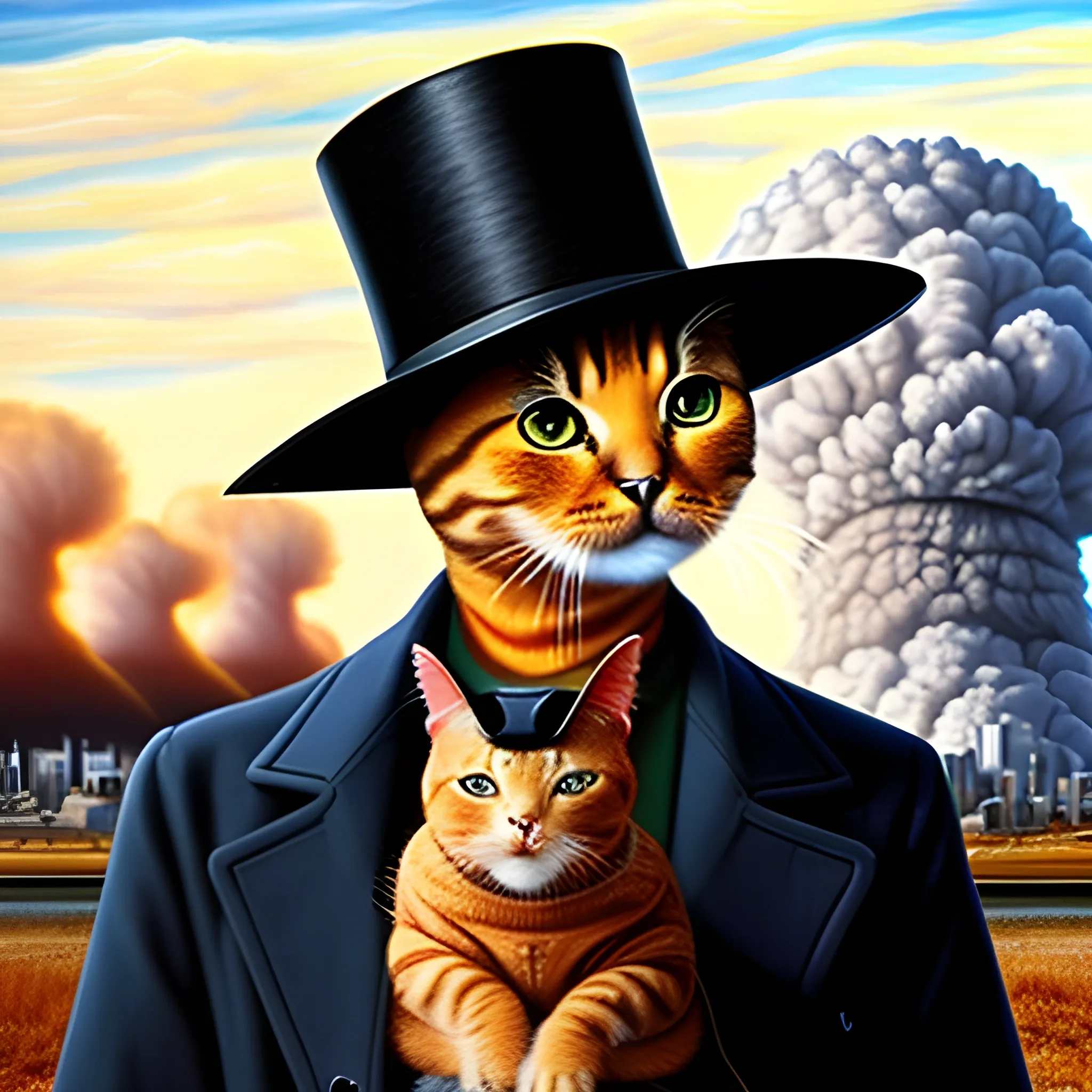an humanoid cat whit a coat, a nuclear explotion in the background, the cat has a hat, realistic, cinematografic ,Oil Painting