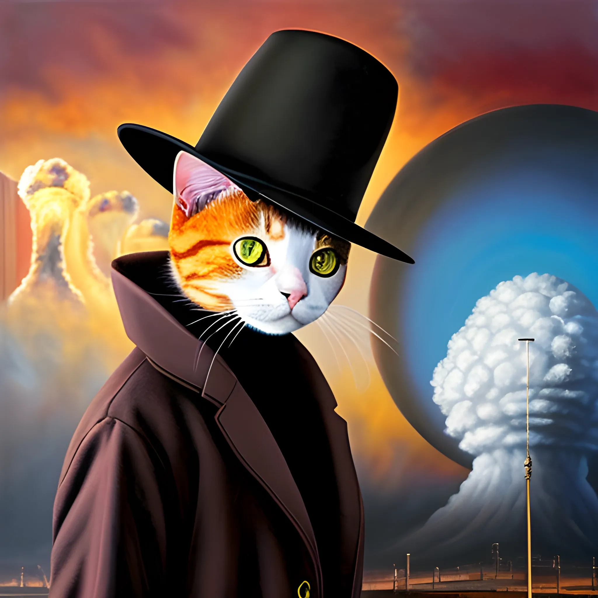 an humanoid cat whit a coat, a nuclear explotion in the background, the cat has a hat, realistic, cinematografic ,Oil Painting