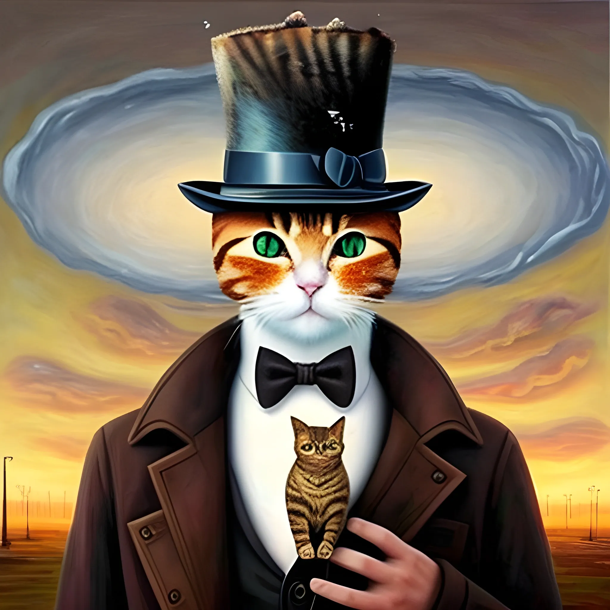 an humanoid cat whit a coat, a nuclear explotion in the background, the cat has a hat, realistic, cinematografic ,Oil Painting, the cat has a cigarrete