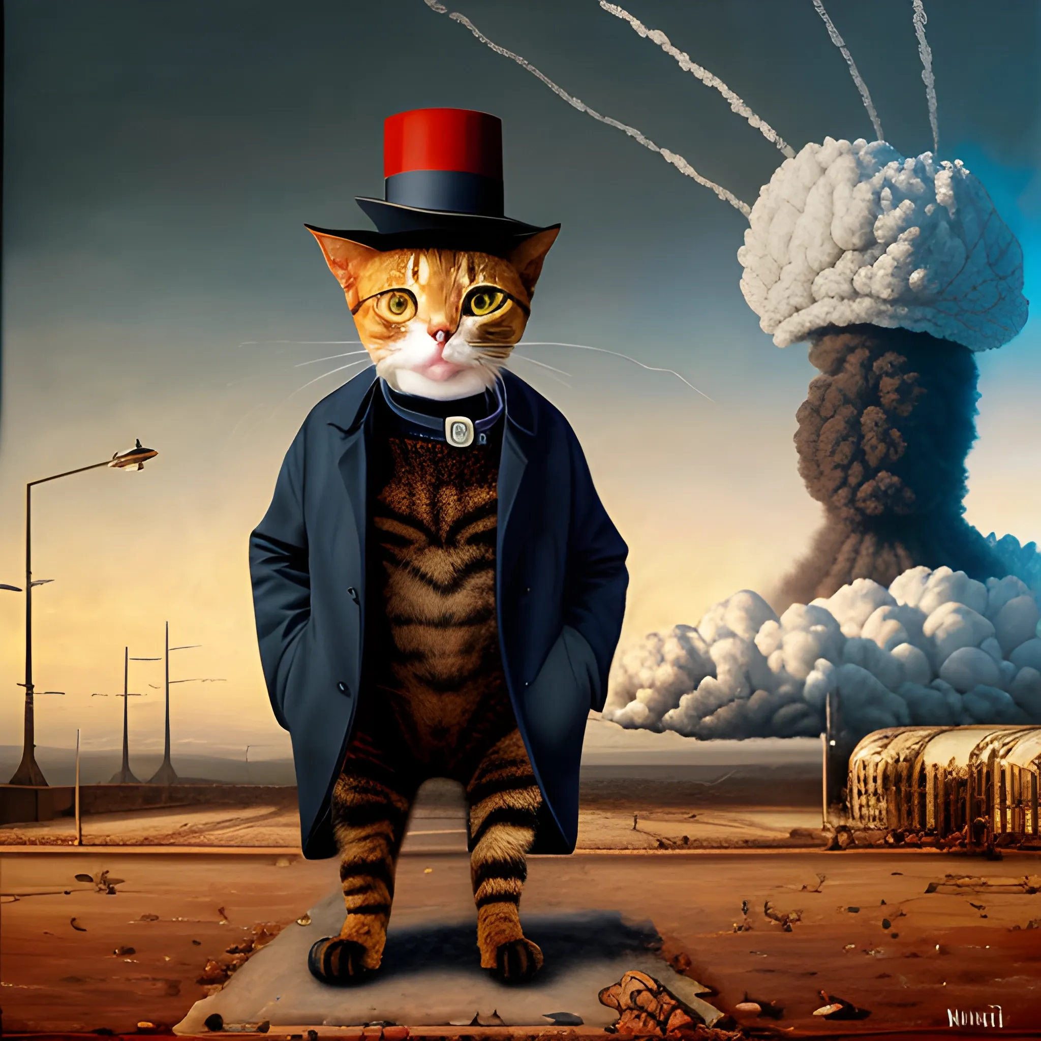 an humanoid cat whit a coat, a nuclear explotion in the background, the cat has a hat, realistic, cinematografic ,Oil Painting, the cat has a cigar