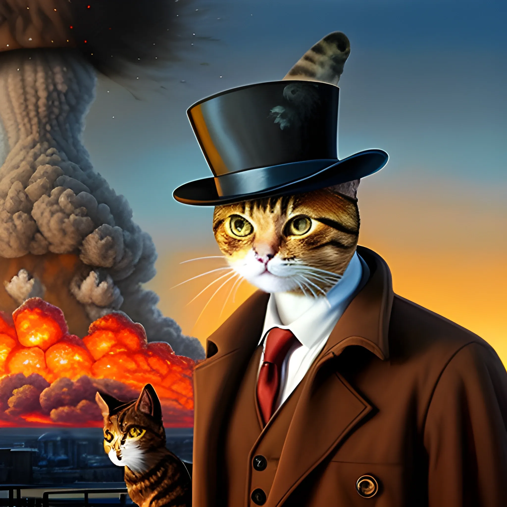 an humanoid cat whit a coat, a nuclear explotion in the background, the cat has a hat, realistic, cinematografic ,Oil Painting, the cat has a cigar