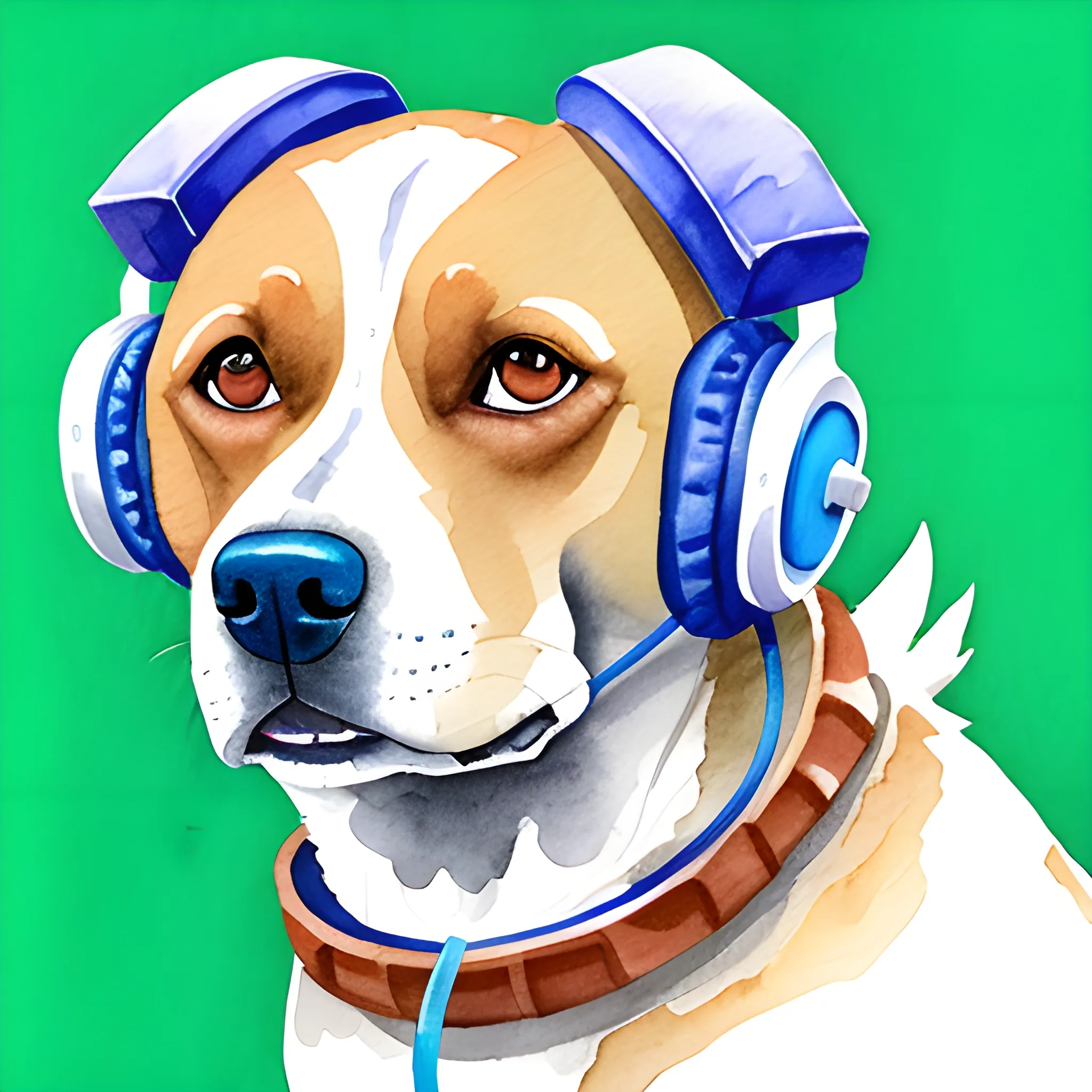 dog with headphones,, Water Color