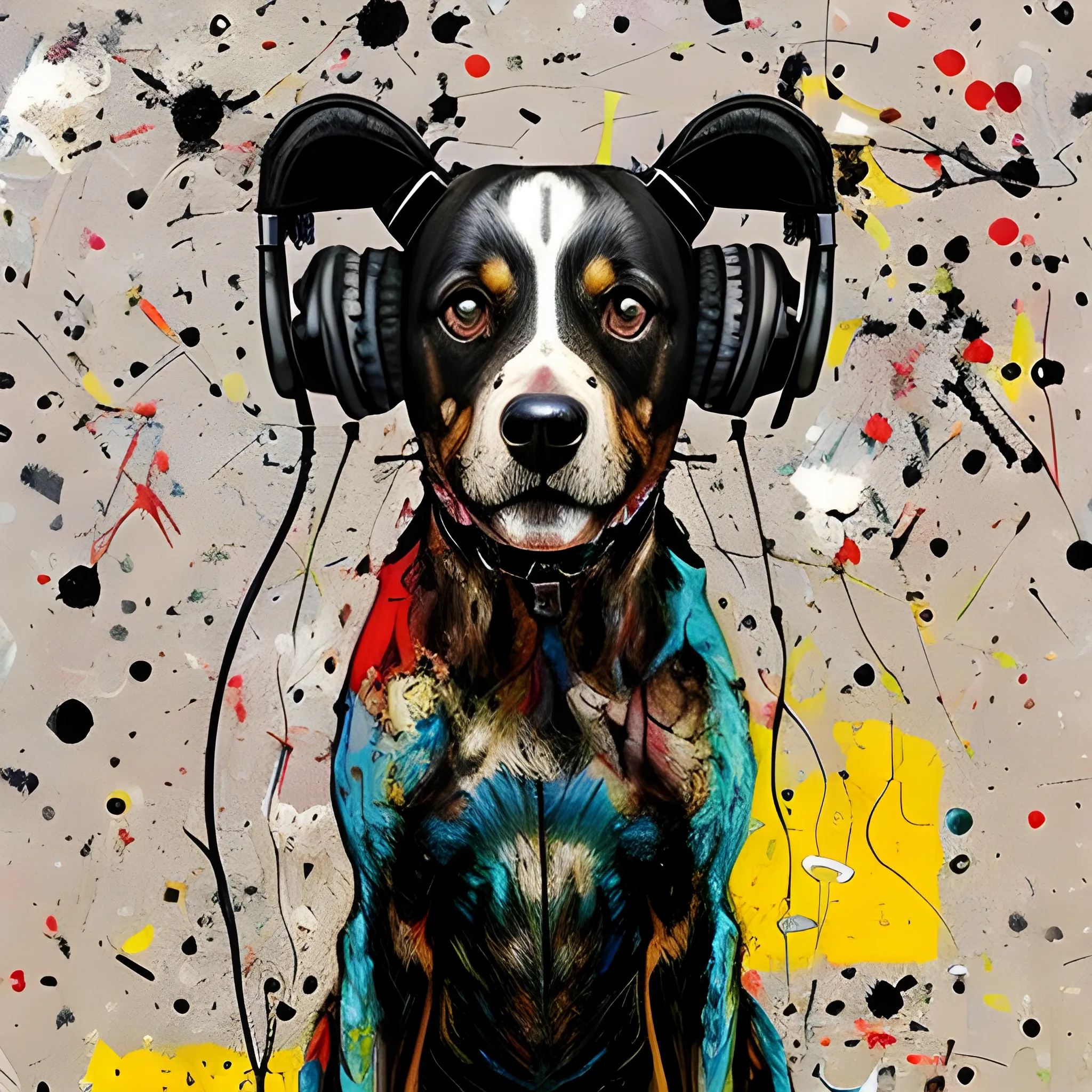 dog with headphones, by jackson pollock
