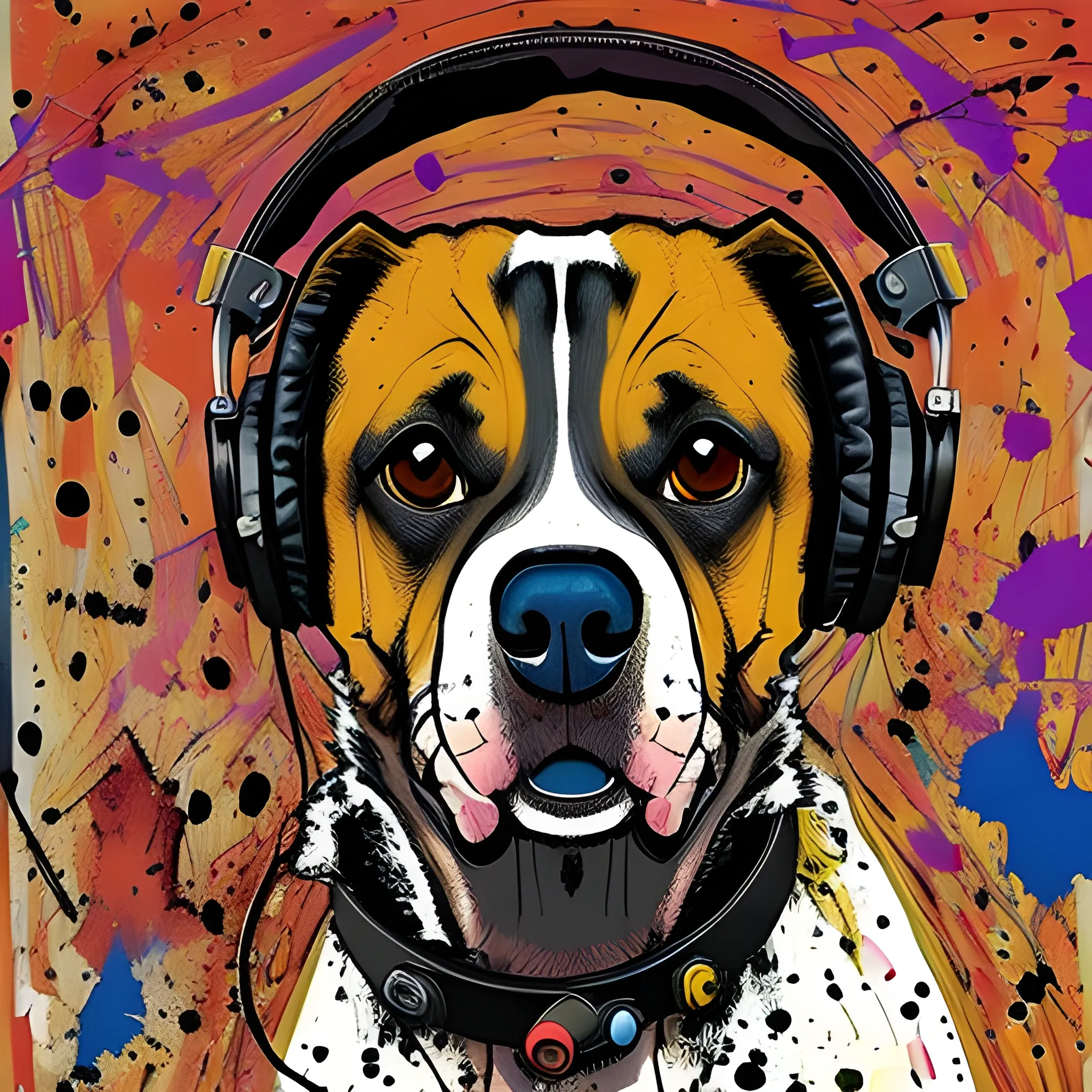 dog with headphones, by jackson pollock
