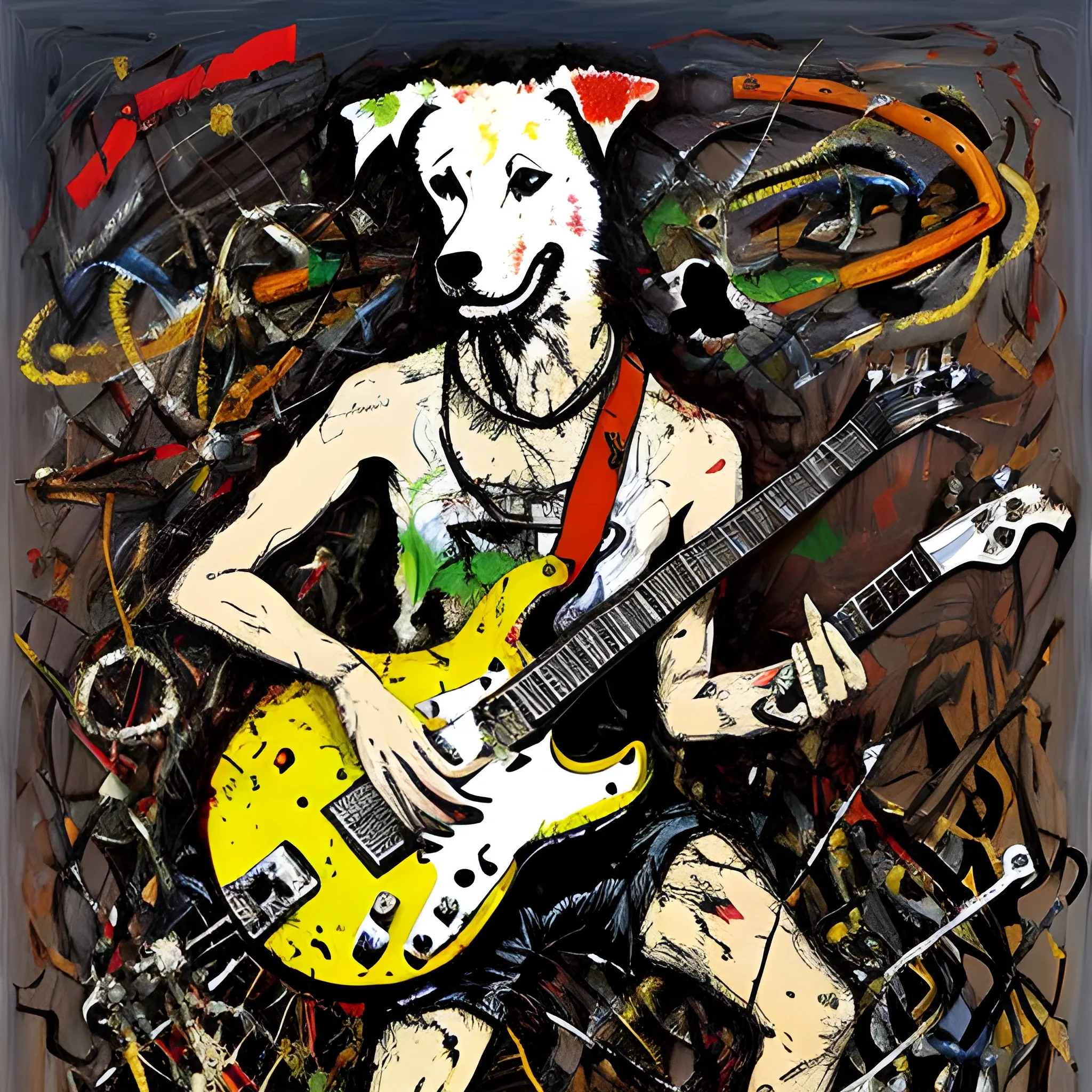 rock musician with dog head, electric guitar in hands, by jackson pollock
