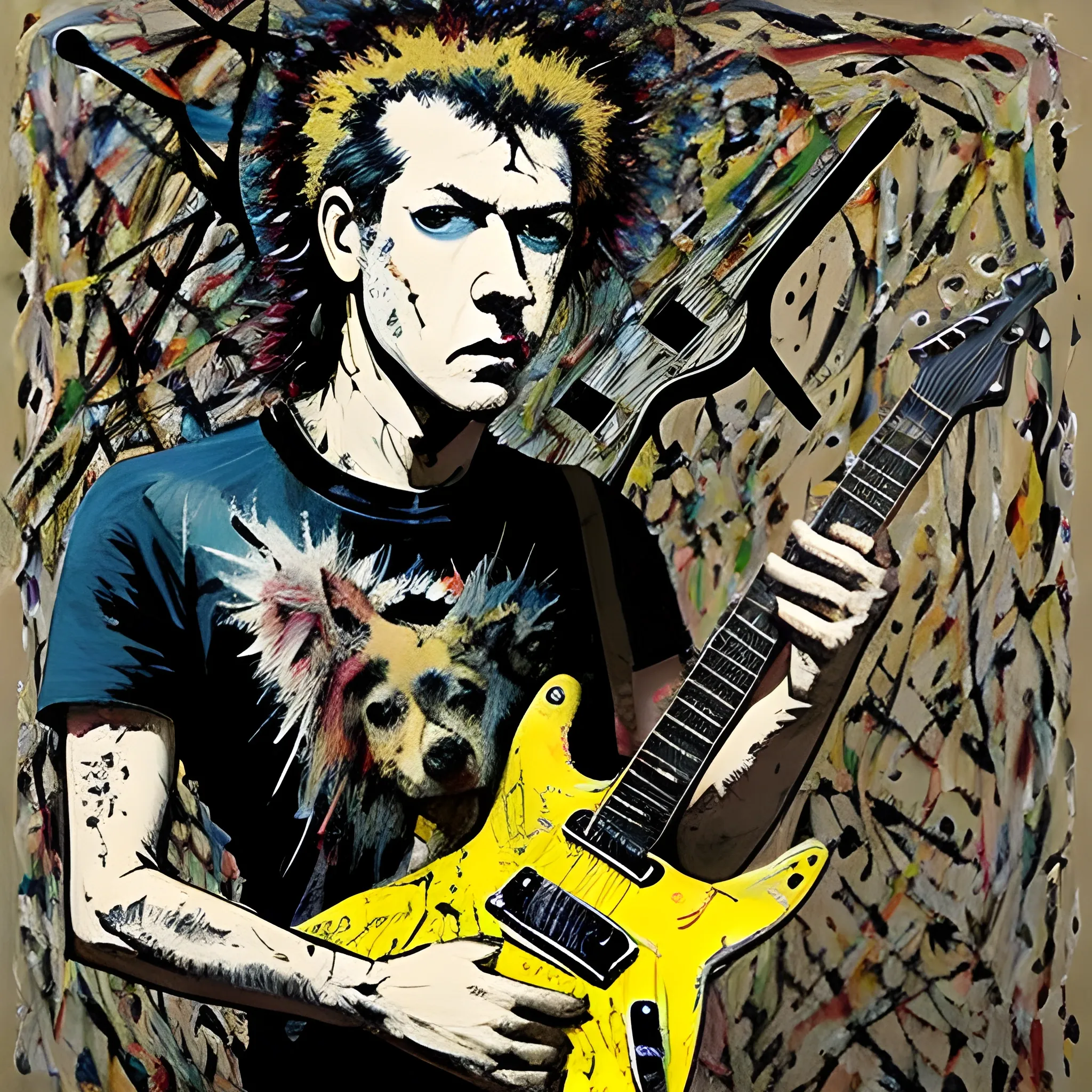 rock musician with dog head, electric guitar in hands, by jackson pollock
