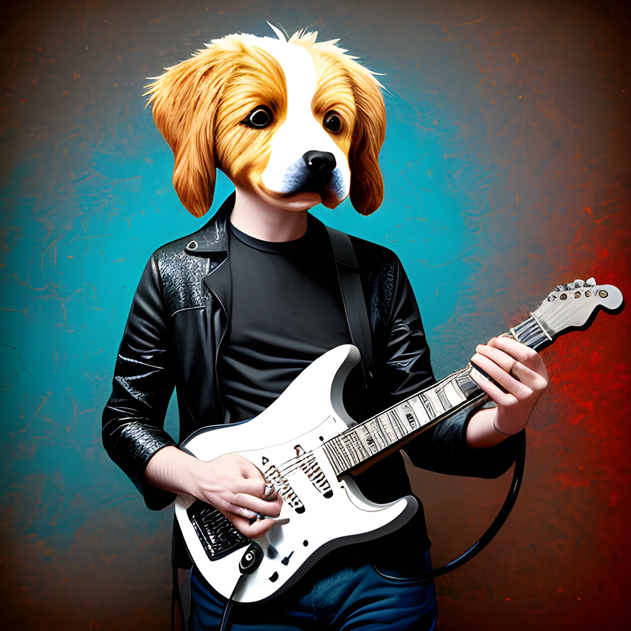 rock musician with dog head, electric guitar in hands, abstract