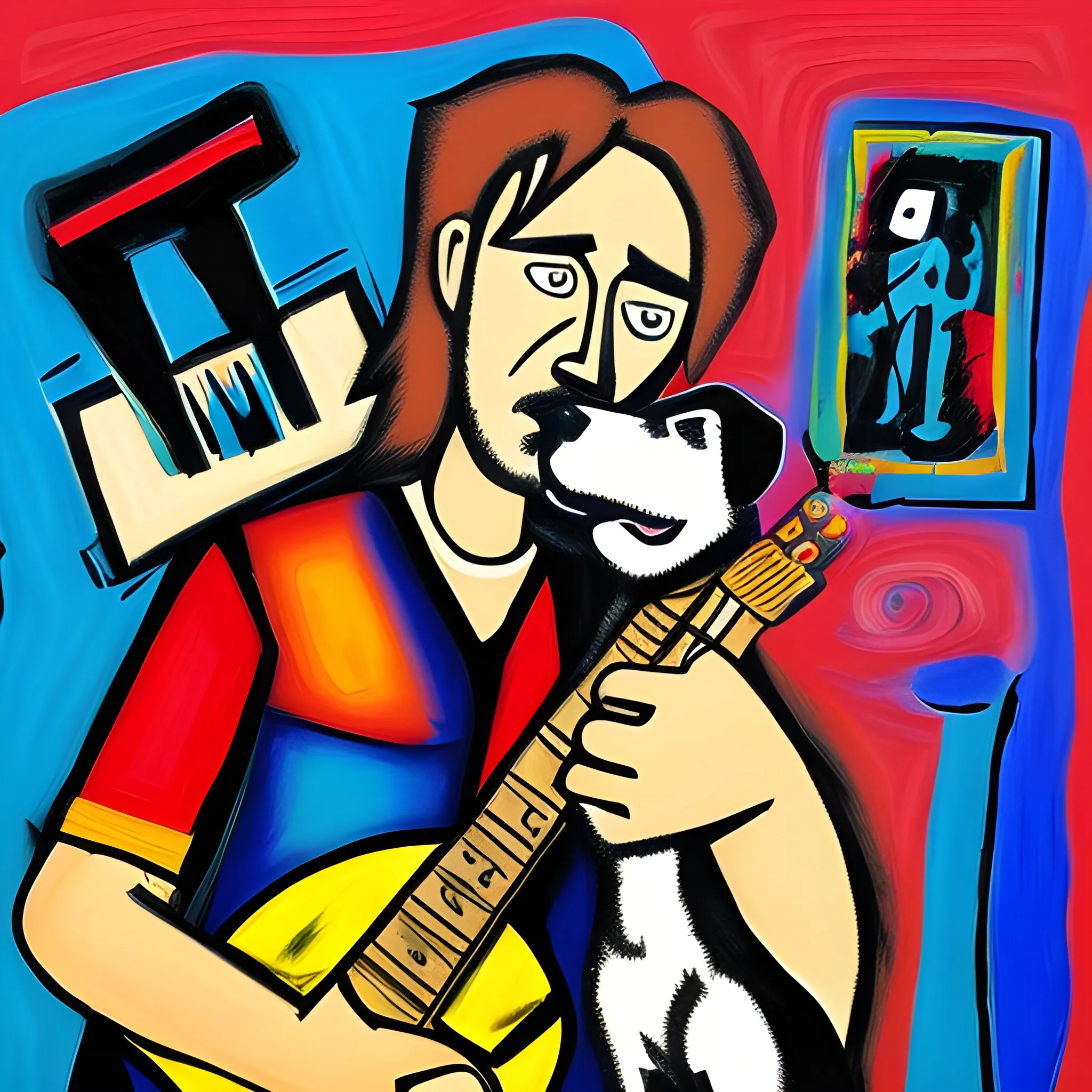 rock musician with dog head on scene, expressionism 