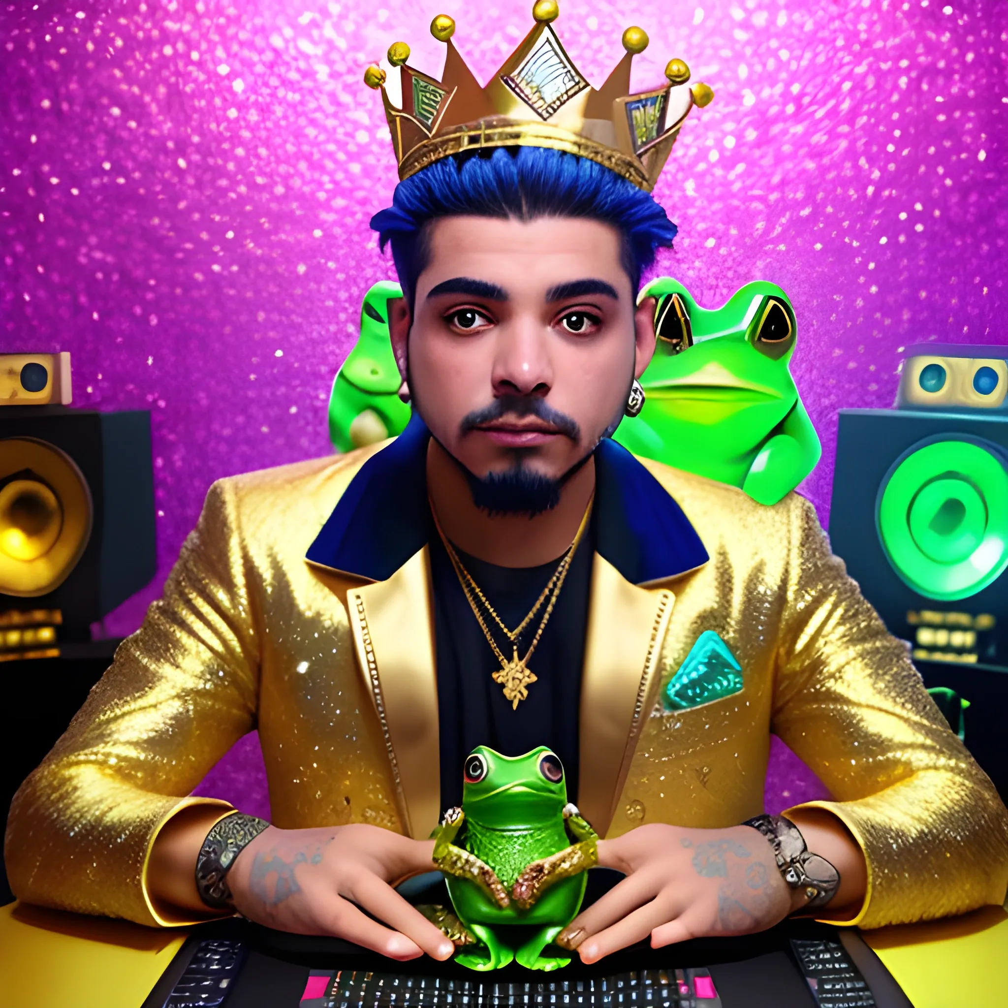 Man with the head of a green frog with a gold crown with shiny diamonds on his head. The man looks like a Hispanic DJ in a recording studio sitting, in a warm, realistic tin, warm colors on the walls, colored LED lights come out a= pink and blue super 4k