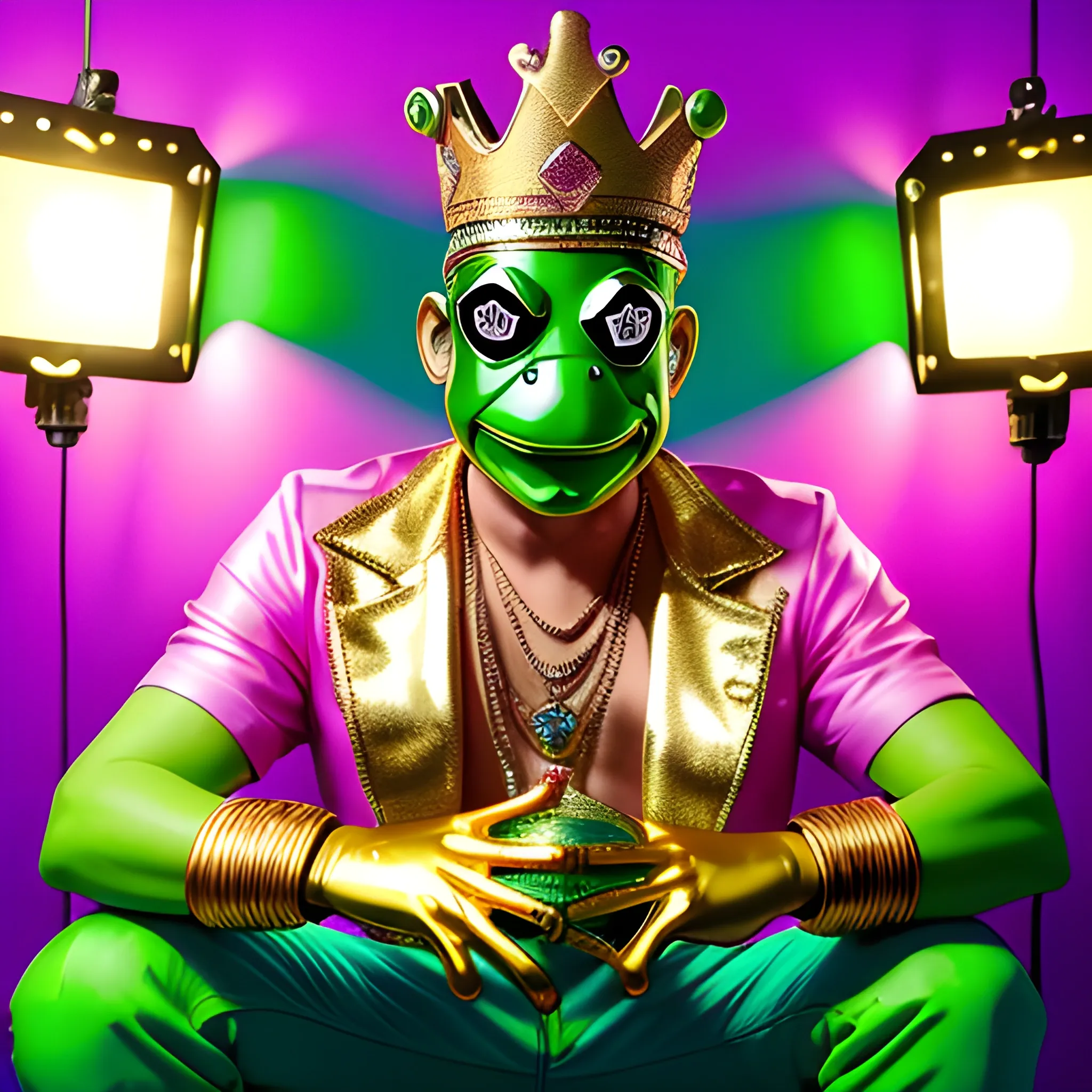 Man with a frog mask, green frog head with a gold crown with shiny diamonds on his head. The man looks like a Hispanic DJ in a recording studio sitting, in a warm, realistic tin, warm colors on the walls, LED light comes out. a=pink and blue colors super 4k
