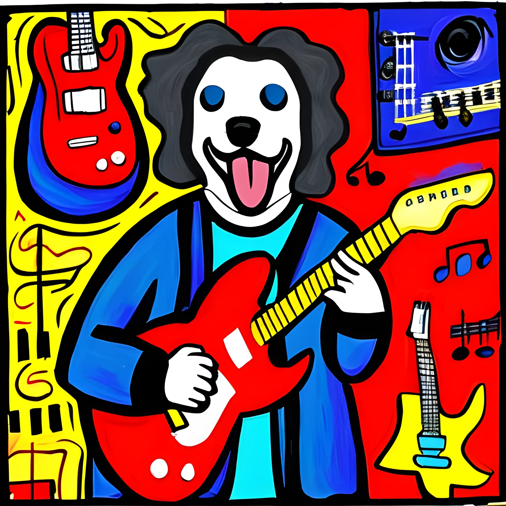 rock musician with dog head on scene, expressionism 